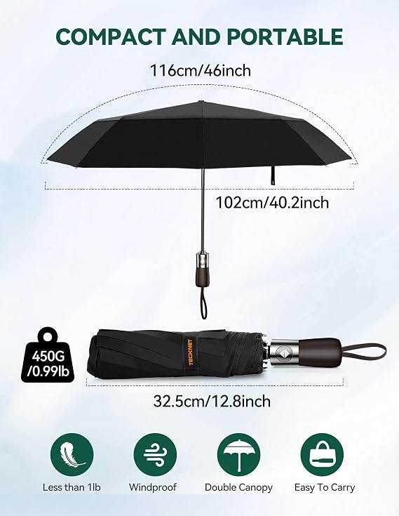 TECKNET Umbrella Windproof Strong Real Wood Handle Auto Open Close Vented Double Canopy - Portable Compact Folding Travel Umbrella, Strong Fiberglass Frame for Men and Women