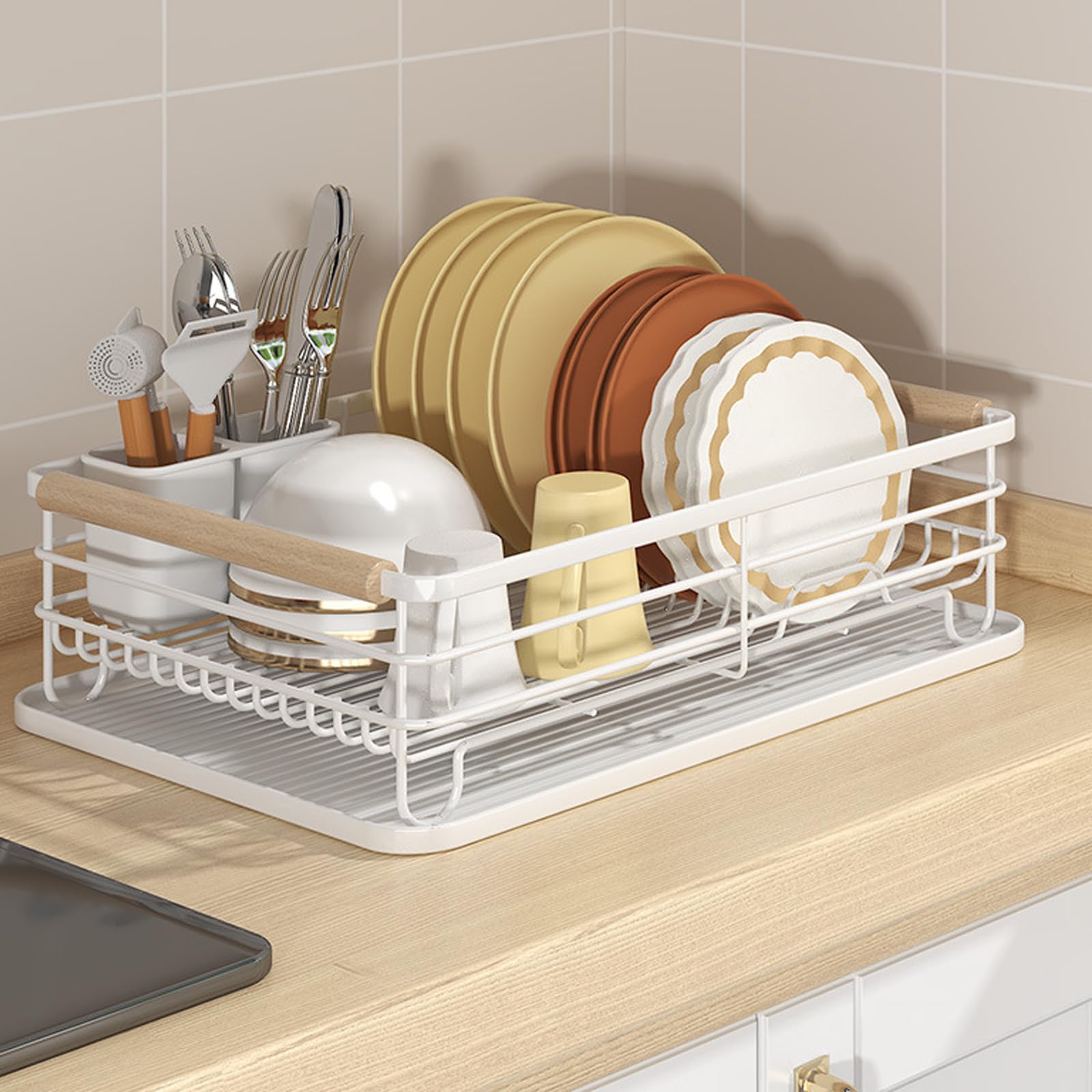 Geschirrtrockner, Abtropfgestell for die Küche mit Abtropfschale, Besteckhalter, Holzgriffen, Mehrfarbig(White)