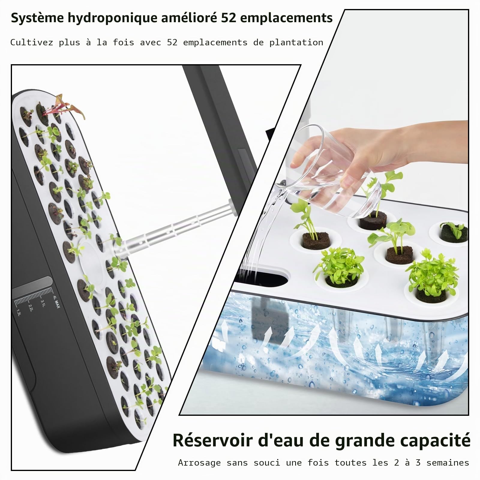 Système Hydroponique de Germination 52 Emplacements, Lampe LED Plein Spectre 24 W, Réservoir 4 L avec Minuterie Automatique et Arrosage Intelligent pour Fleurs, Légumes et Semis