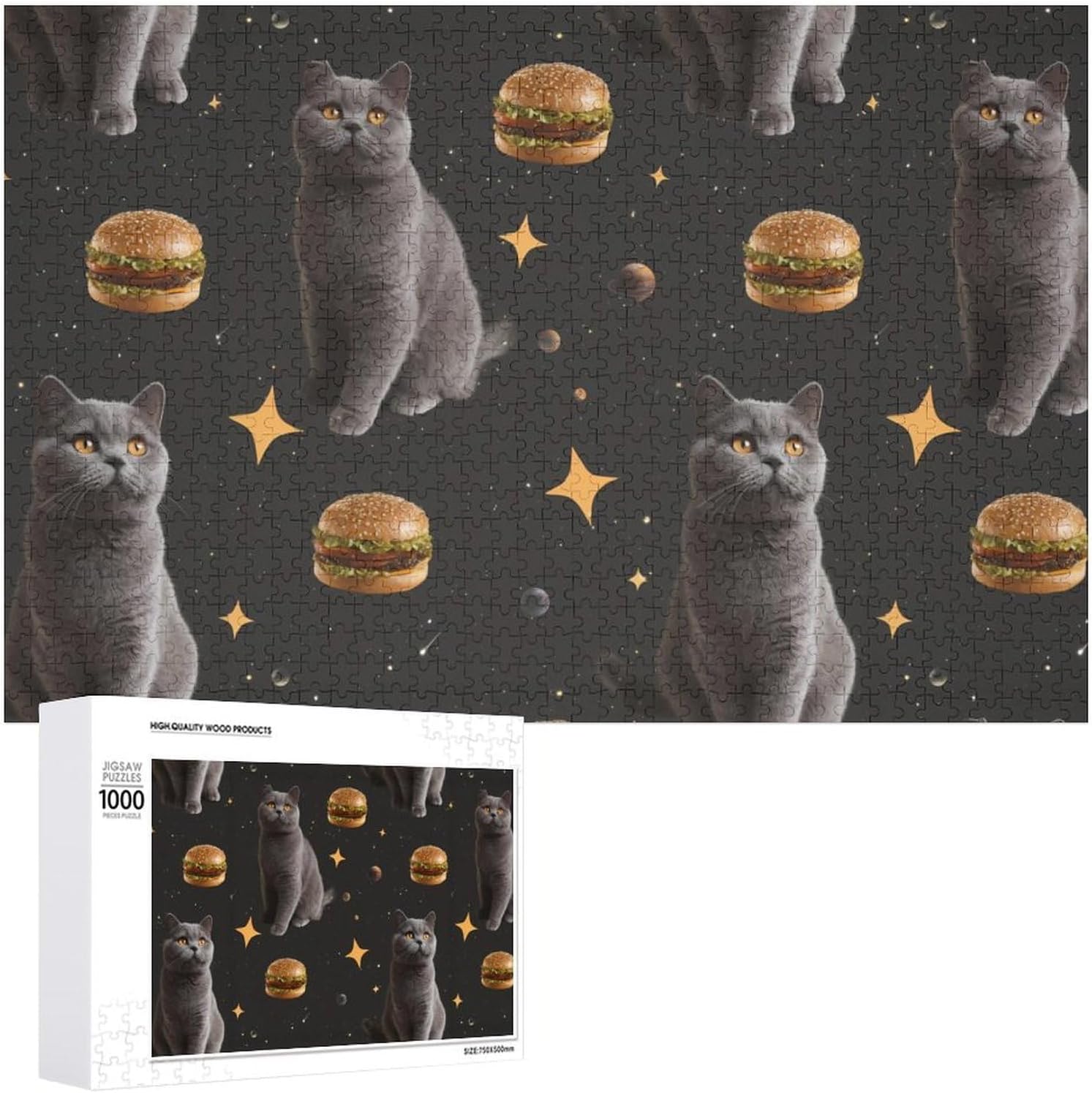 Funny Cat Hamburgers Puzzles for Adults 1000 PCS Wooden Jigsaw Puzzle Wall Decor Christmas