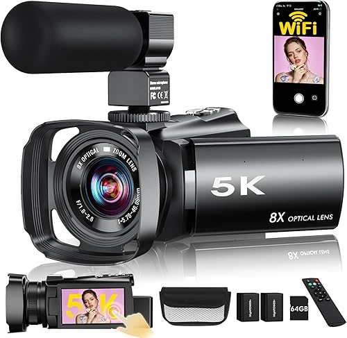 Videocámara de cámara de video 5K, cámara de vlogging WiFi de 64MP para YouTube con zoom óptico 8X, pantalla táctil IPS giratoria de 3.5 pulgadas de