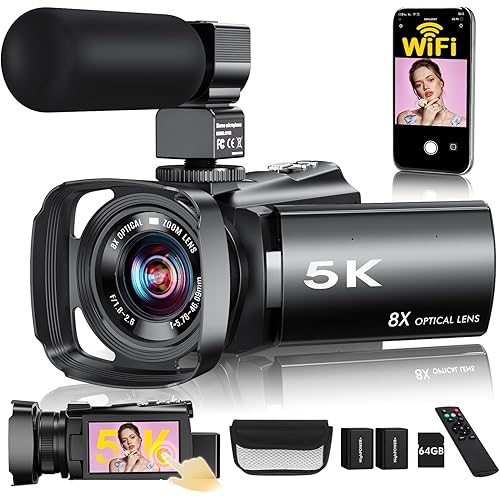 5K Video Camera Camcorder,64MP WiFi Vlogging Camera for YouTube with 8X Optical Zoom,3.5" IPS Touch Screen,Full-Color Night Vision,Live streaming,6-Axis Anti-Shake,64GB Card & Two 1400mAh Batteries
