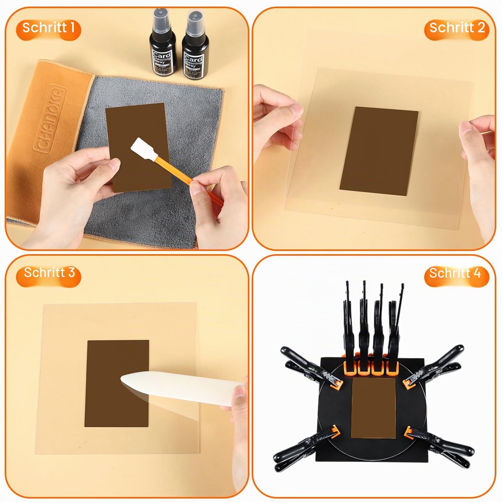 Sammelkartenreinigungsset Karten-Abflachungsset Reparaturzubehör enthält 2 Acrylscheiben, 100 Wattestäbchen, 100 Reinigungspads, 2 Polierpaste, 2 Reiniger, 2 gelbe Wildledertücher, 8 kleine