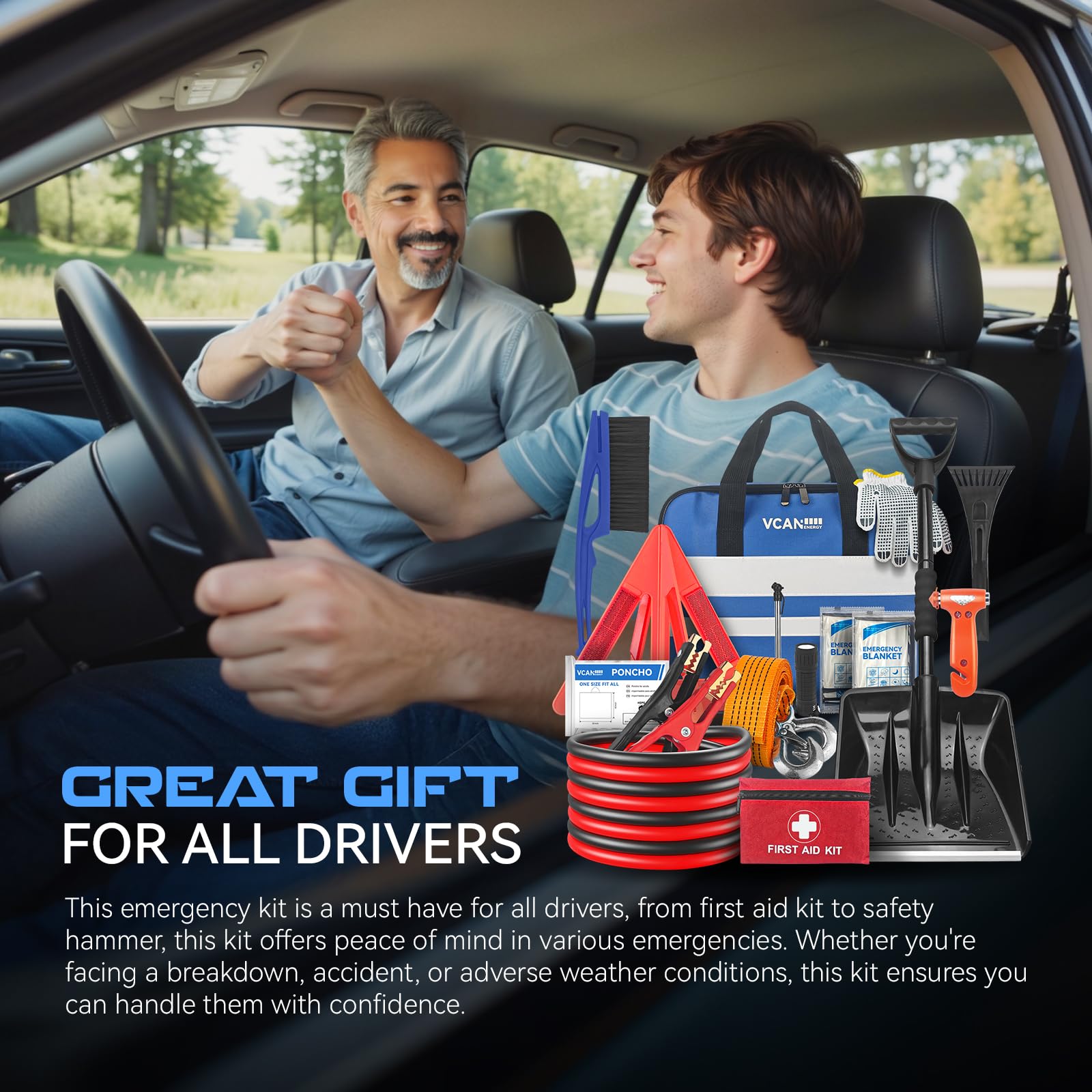 Car Emergency Kit with Jumper Cable, First Aid Kit, Winter Travel Assistance with Detachable Snow Shovel, Safety Emergency Kit for Cars, Trucks