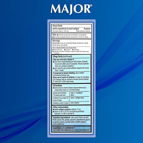Miniatura 6 de MAJOR Docusate Sodium 100 mg - Suavizante de heces blandas laxantes para aliviar el estreñimiento - Suavizantes de heces suaves y sin estimulación