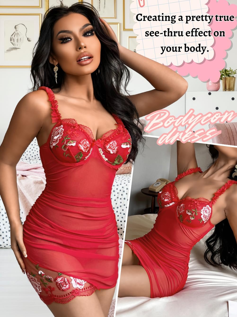 ShawGobow Floral Lingerie Dress,Scrunch Butt Sheer Mesh Sexy Night Gowns For Women,Boudoir Outfits Bridal Wedding Honeymoon