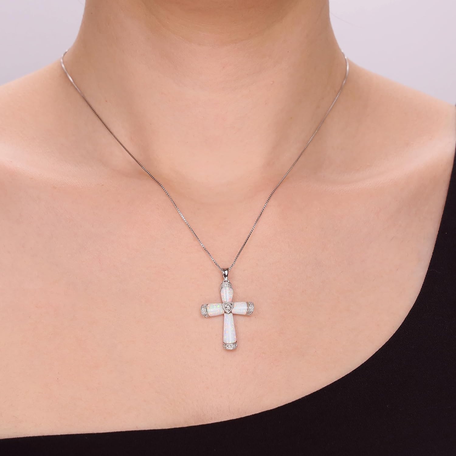Lavari Jewelers Created White Opal Cross Pendant with .03 cttw Diamonds - Sterling Silver - 18"
