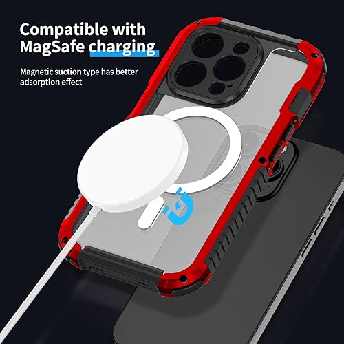 Miniatura 7 de Funda compatible con iPhone 15 Pro Max, funda magnética de grado militar de carga MagSafe con protector de pantalla, funda de metal MagSafe (rojo,