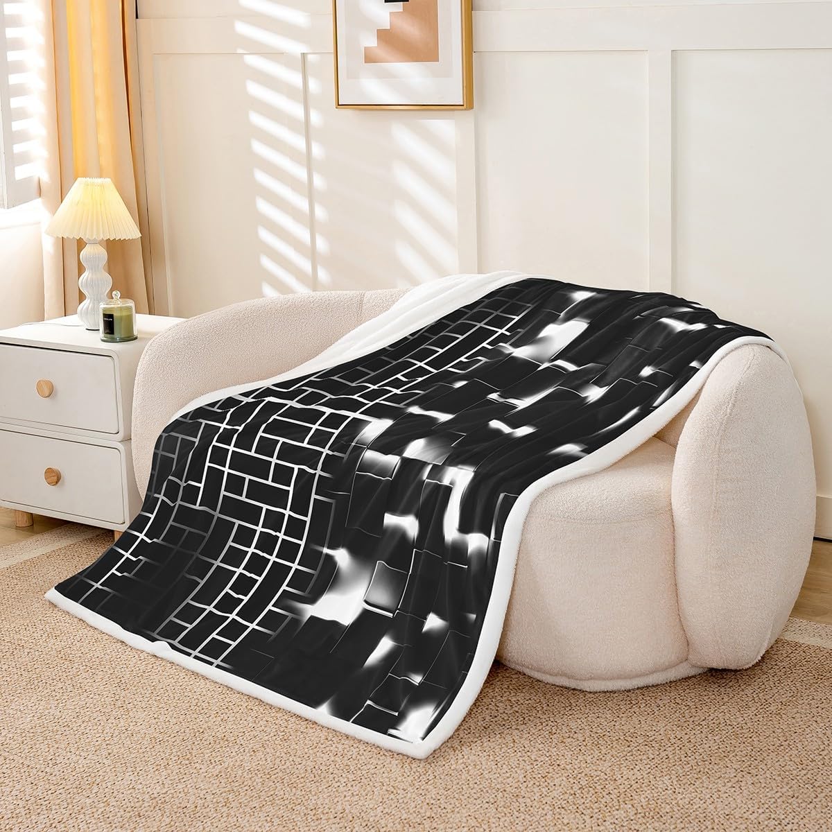 Castle Fairy Geometric Grey Black Throw Blanket for Kids,Light Honeycomb Lines Fleece Throw Blanket for Bedroom Sofa Room Decor,Geometric Abstract Grids Lightweight Bed Blanket,40"x50" image 3