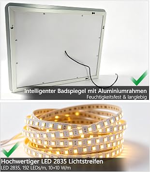 SVNR Bathroom Mirror 120 x 60 cm Bathroom Mirror with Lighting 3 Button Touch Control 3 Light Colours Continuous Brightness Control Anti-Fog & Memory Function Aluminium Frame