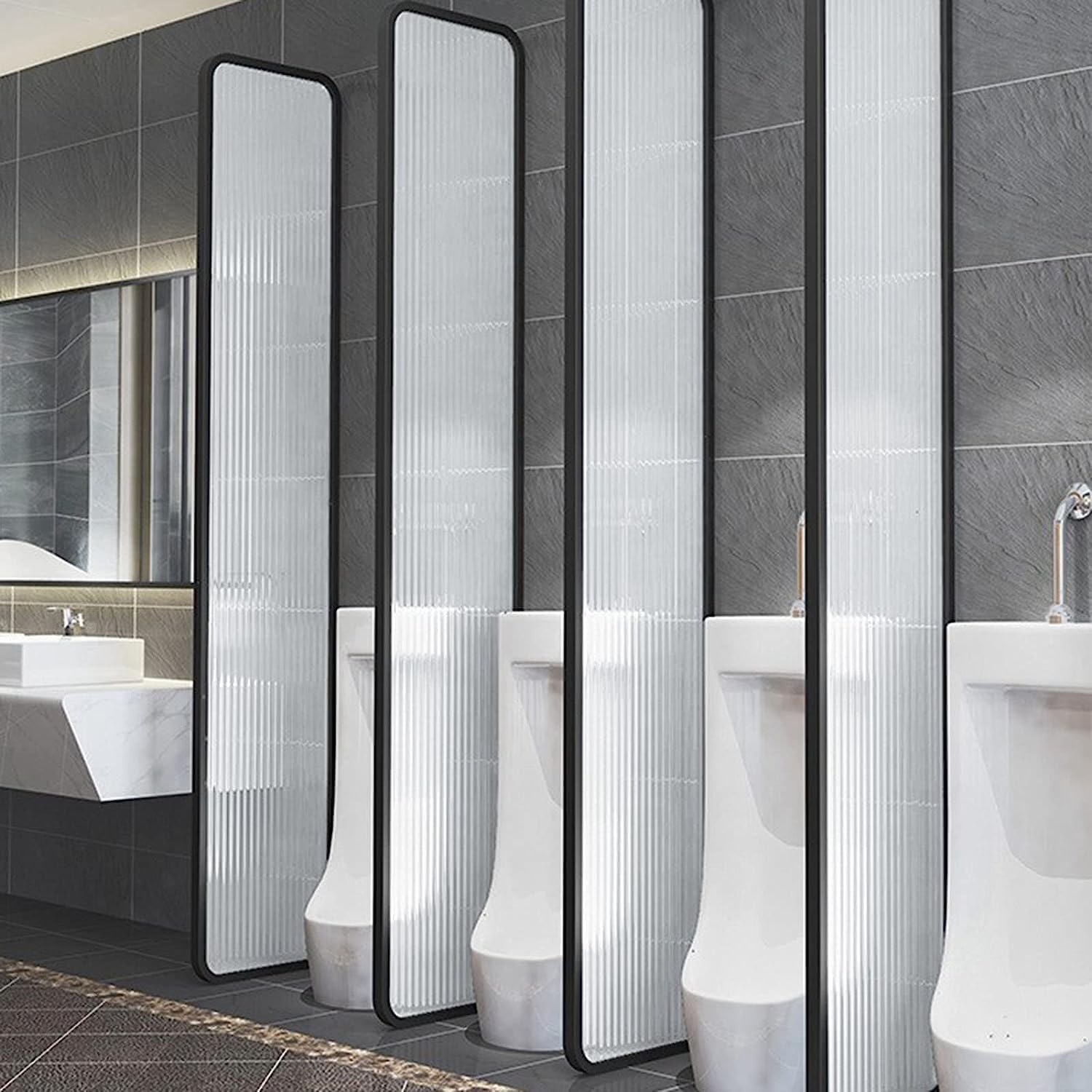 Wall-Mounted Urinal Privacy Screen,Modern Cast Iron Frame and Translucent Glass Panel Toilet Partition,Used in Public Toilets/Shopping Malls Room Part, 1 piece set, Black
