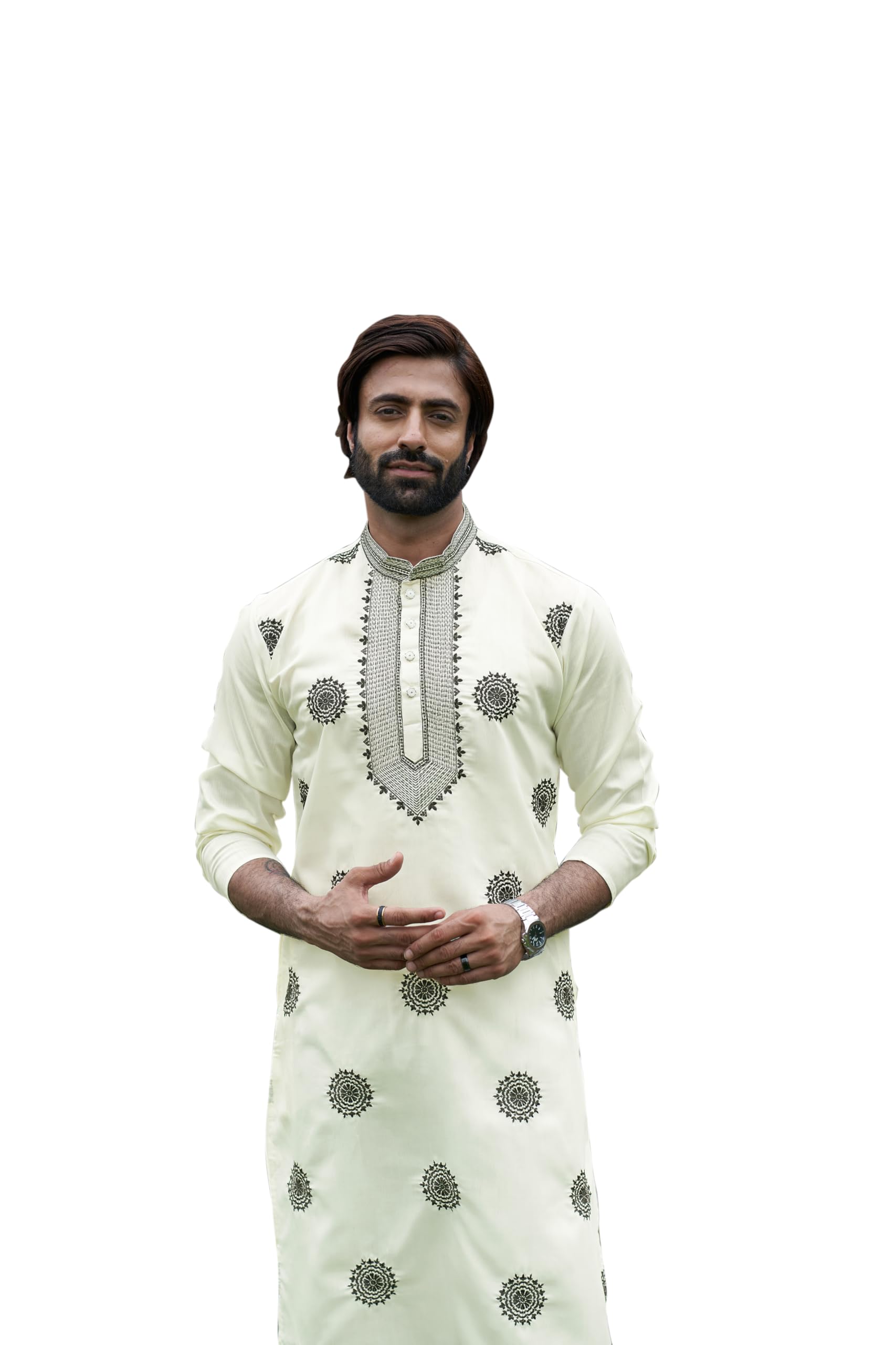 Men's White Kurta Set with Black Floral Embroidery Cotton Blend Fabric Regular Fit Kurta Pajama Casual, Festive Ethnic Outfit Kurta Set for Men-image-42