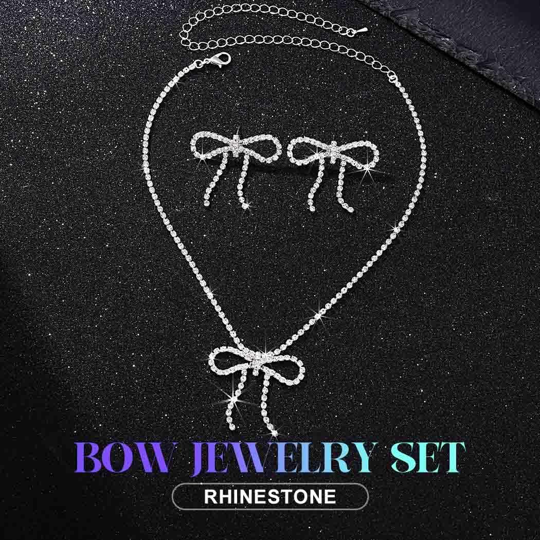 JAKAWIN Bow Necklace and Earrings Set Silver Rhinestone Bowknot Jewelry Set for Women