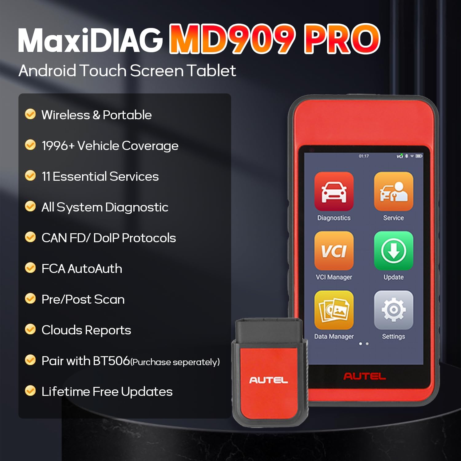 Autel MaxiDiag MD909 Pro highlighting key features like wireless, portable, vehicle coverage, essential services, all system diagnostic, CAN FD/DoIP, FCA AutoAuth, pre/post scan, cloud reports, BT506 compatibility, and lifetime free updates.