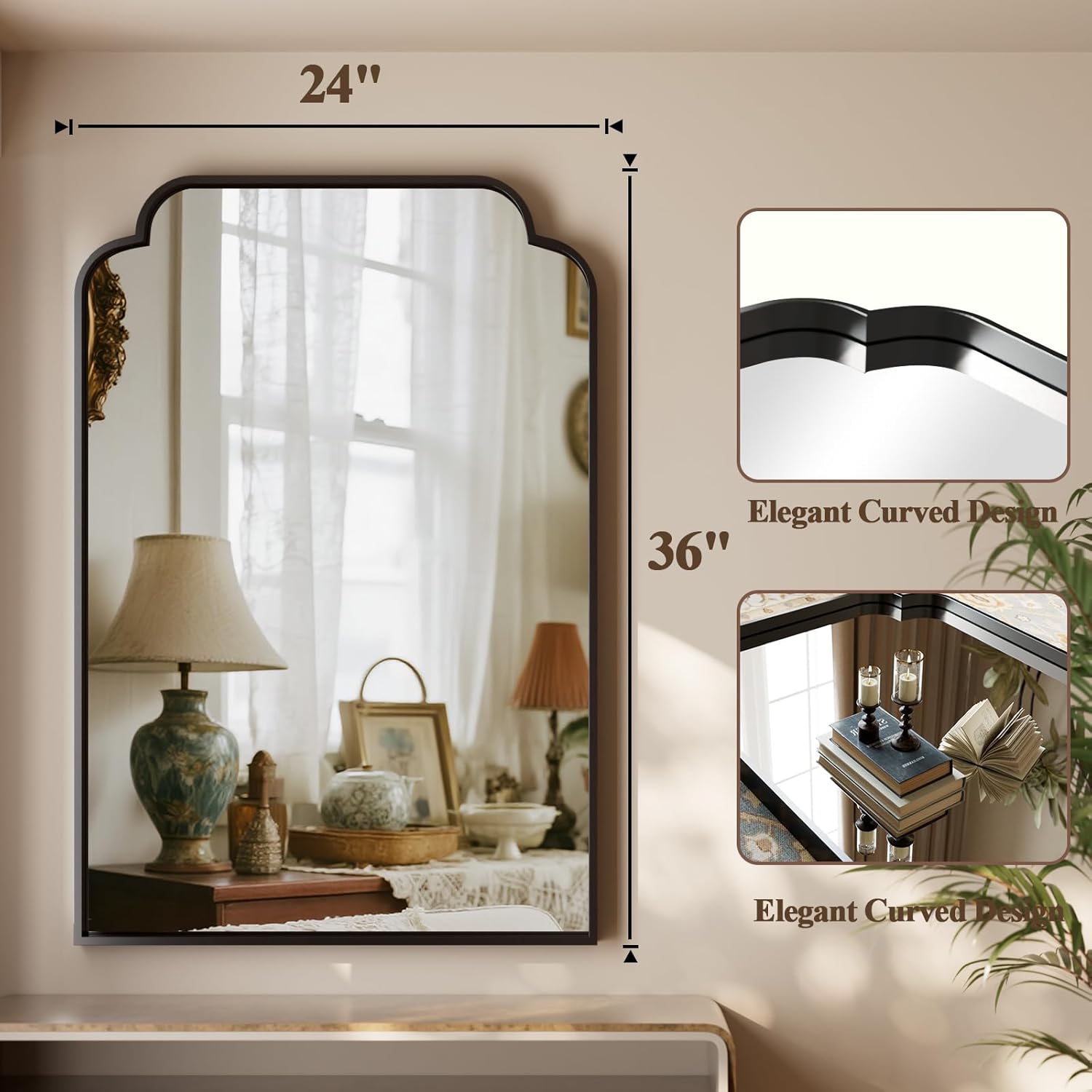 GLSLAND 24"x36" Petal Arch Bathroom Mirror – Modern Metal Frame Vanity Mirror with Scalloped Edge for Over Sink, Bedroom, Living Room, Entryway, Non-Rusting Decorative Wall Mirror, Black