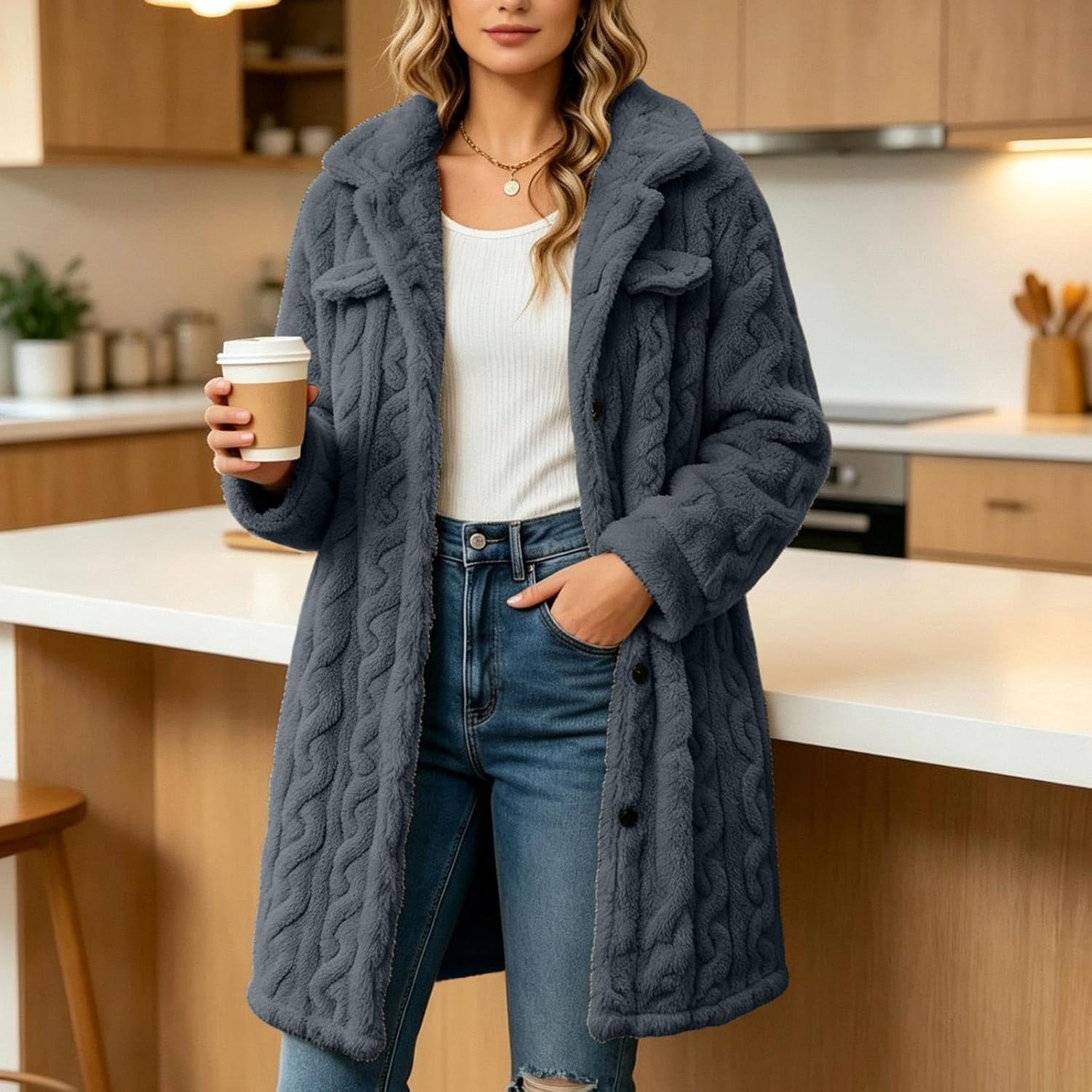 Women's Textured Fleece Coat Collared Button Front Classic Jacket