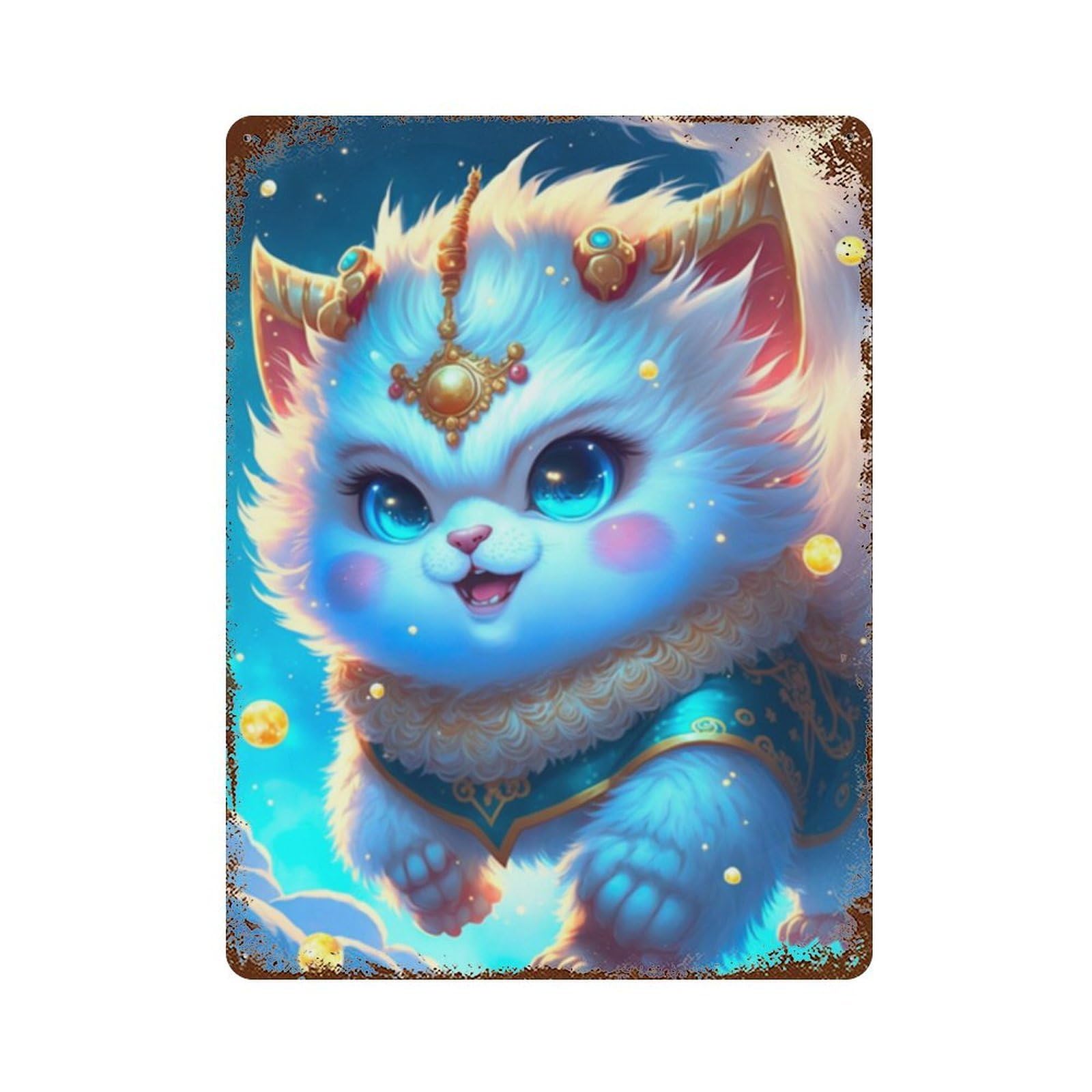 Enchanted Celestial Kitten Rusty Metal Tin Sign 15.7"x11.8", Vintage Wall Decor for Garage, Pub Or Kitchen