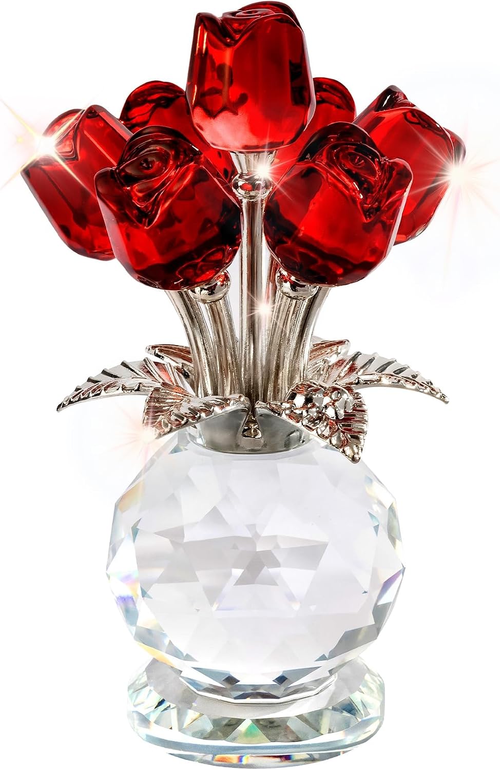 Crystal Red Rose Flower Collectible Figurine with Base Glass Rose Figurine | Solid Thick Glass, Durable & Scratch Resistant