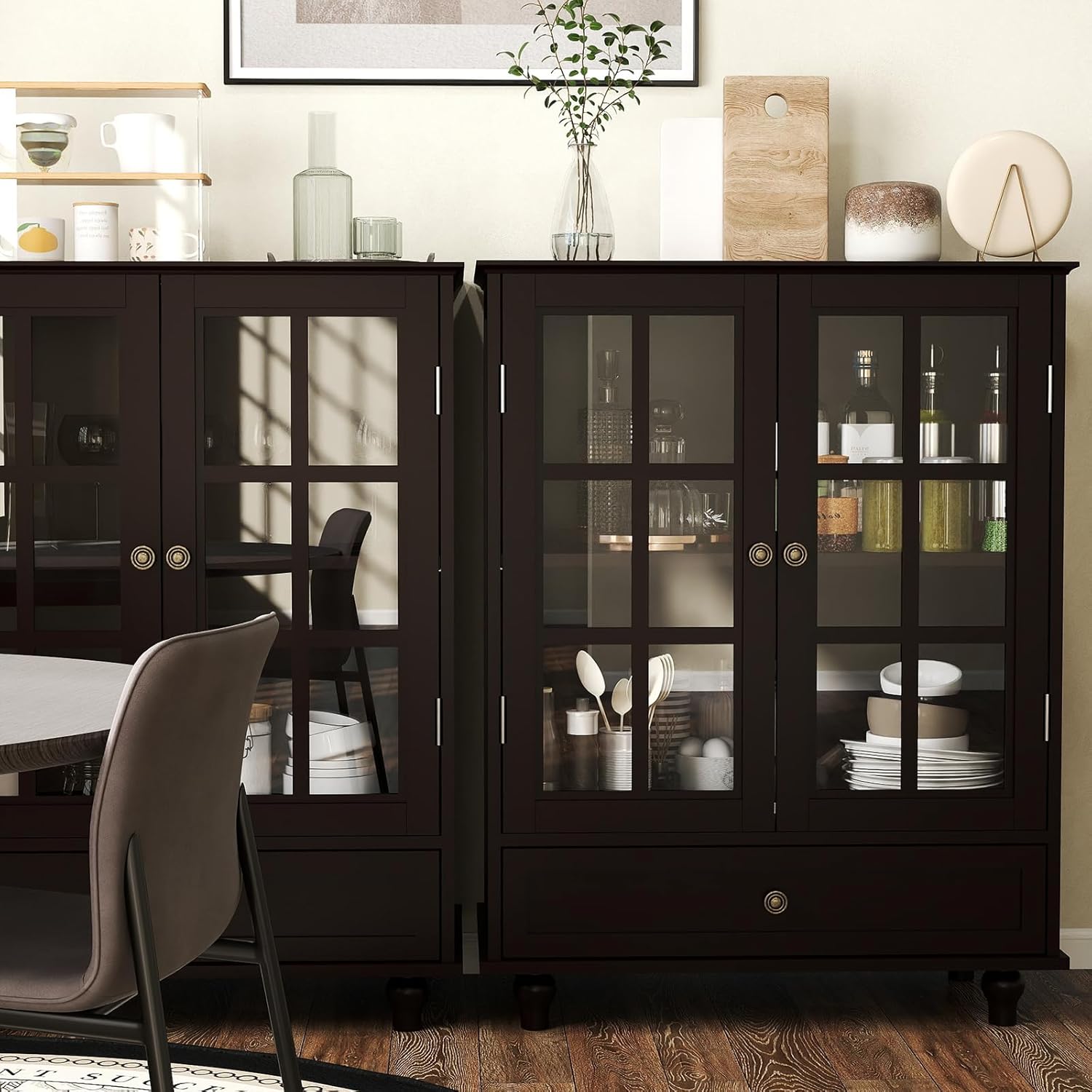 Modern Buffet Cabinet with Double Glass Doors and Drawer, Minimalist Wooden Storage Cabinets, Sideboard Cupboard for Living Room, Dining Room Hallway Entryway (Black)