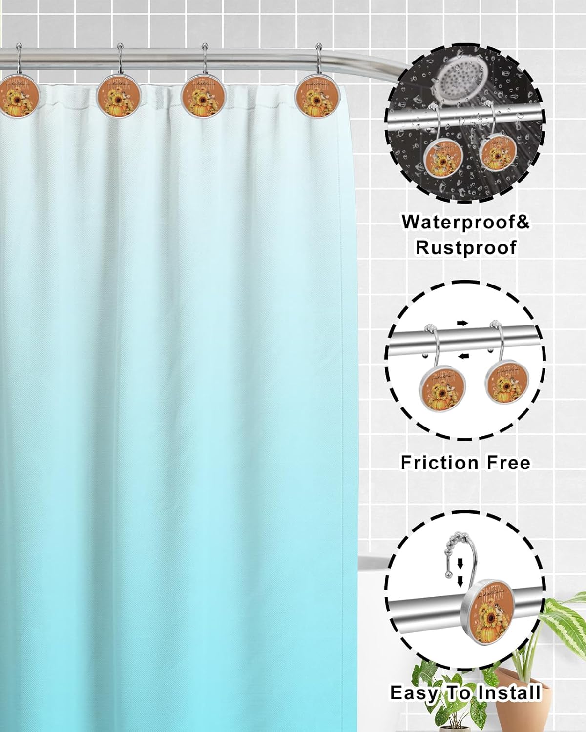 Shower Curtain Hooks Set of 12 Thanksgiving Crystal Glass Shower Curtain Rings for Bathroom Decorative Stainless Steel Rust Proof Roller Shower Curtain Hangers