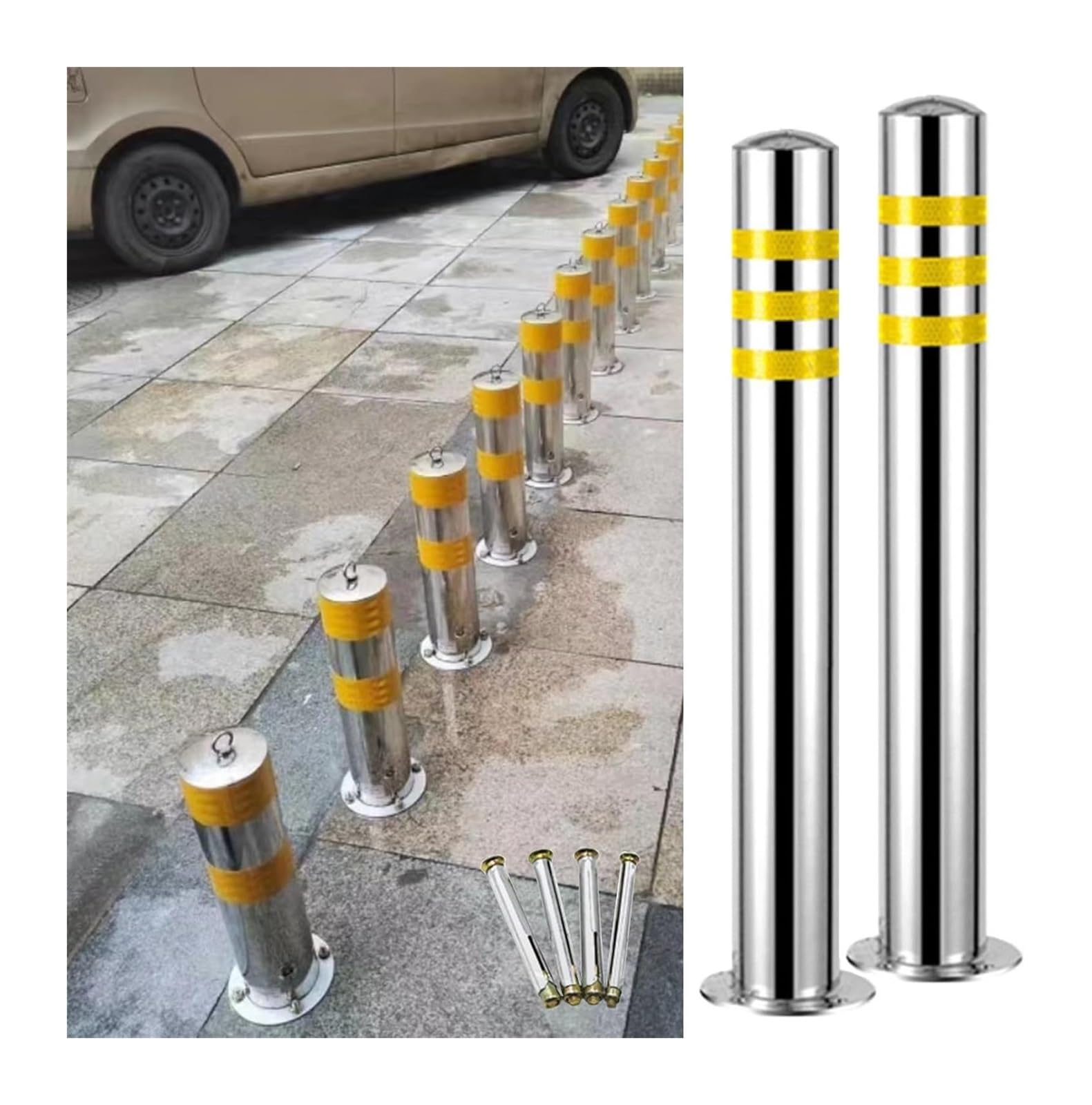 CWCQGH Safety Bollard Reflective Safety Barrier Bollard Post, Stainless Steel Pipes Traffic Delineator Barricades (7.6 x 100cm (3 x 39 3/8in))