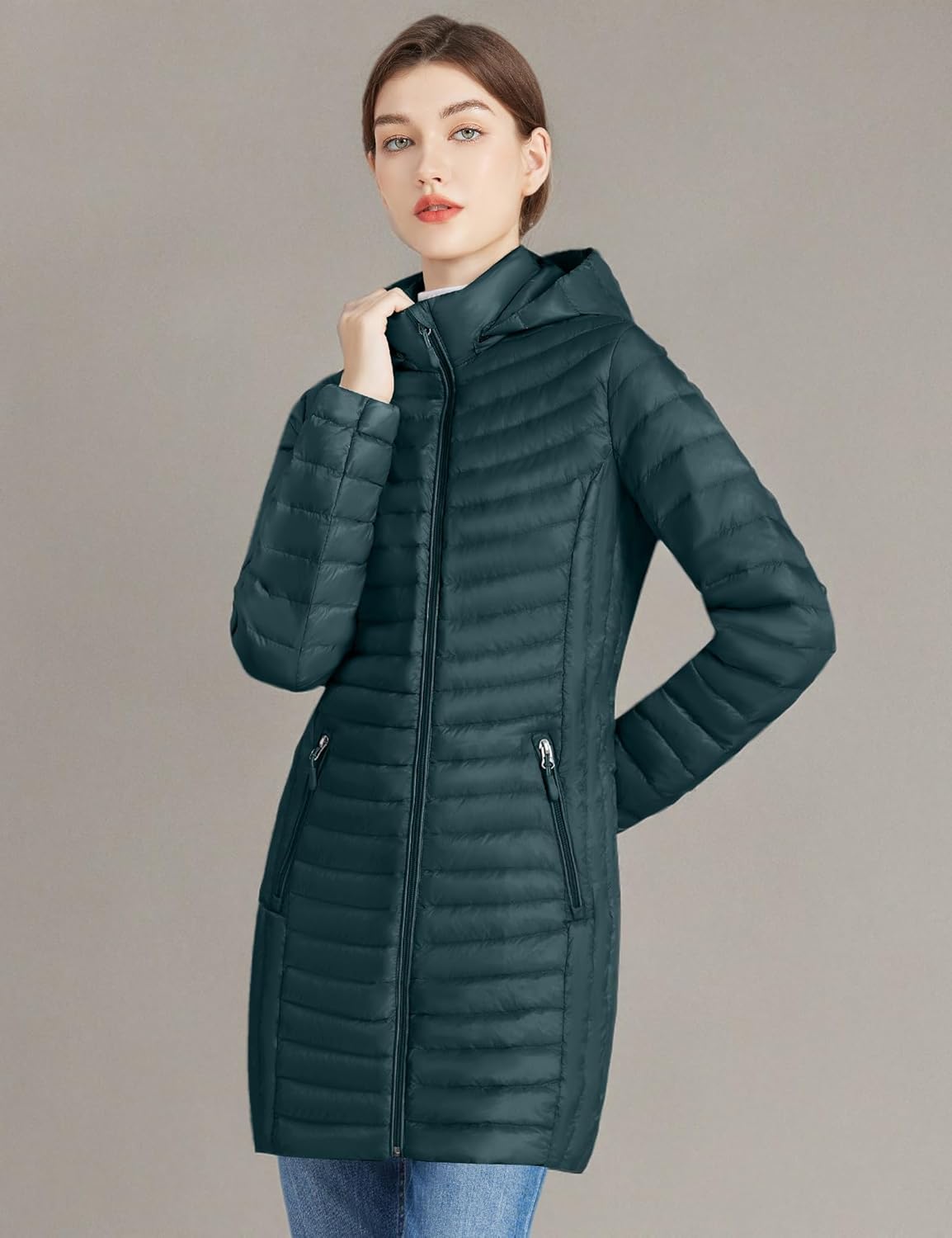 ANOTHER CHOICE Women Ultralightweight Down Coat, Winter Puffer Jacket with Detachable Hood Stretchy Panel Rollable - Image 6