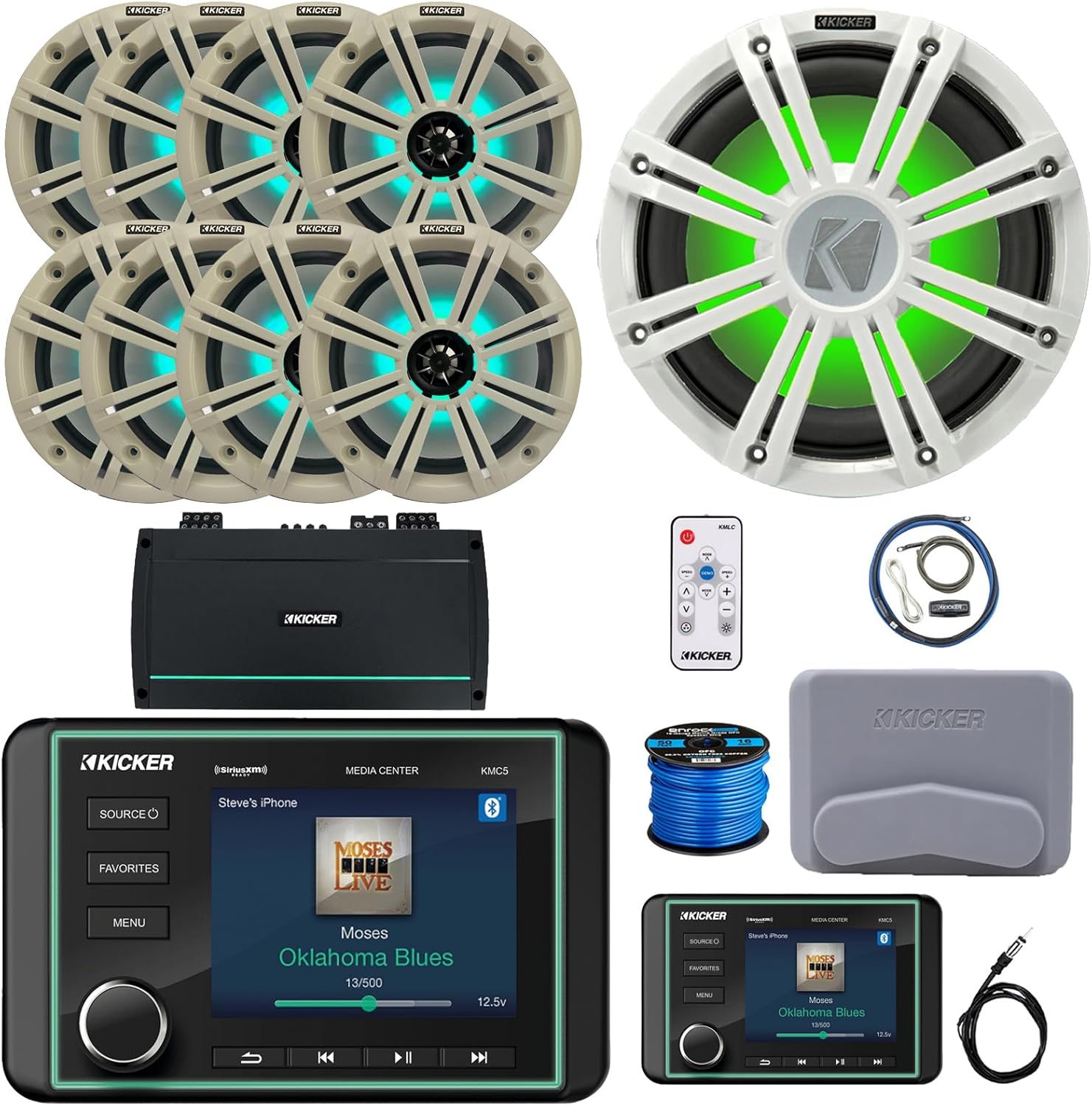 Kicker KMC5 Marine Bluetooth USB/AUX WB AM/FM Gauge Style Receiver W/Controller, 8X 8 300W Max Speakers W/White Grilles + LED Controller, 12" Subwoofer W/White Grille, Amp W/Kit, Antenna, Wire