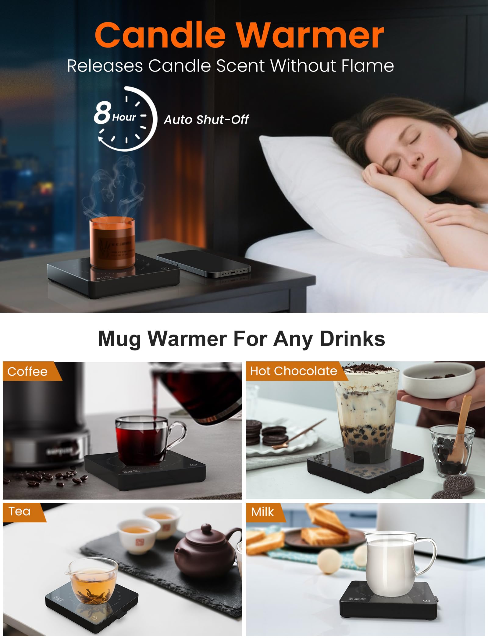 Calentador de tazas de café con cargador inalámbrico de 15 W, apagado automático y carga USB-A, calentador de tazas 3 en 1, calentador de velas, soporte para teléfono, 3 ajustes de temperatura,