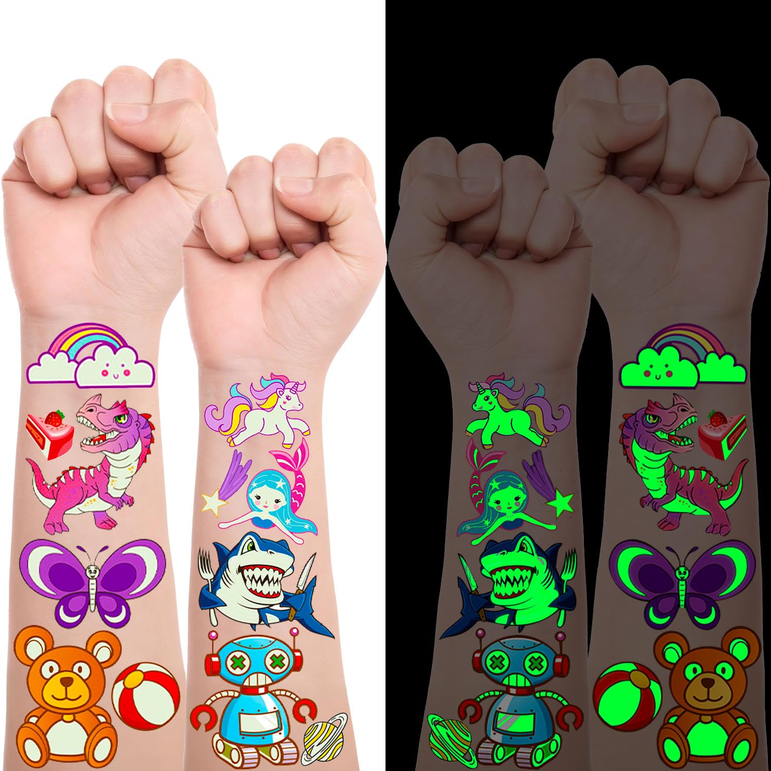 Temporary Tattoos for Kids 400 Pcs Glow In The Dark Kids Tattoos Temporary for Boys and Girls, Cute Mixed Luminous Themes Featuring Unicorn Mermaid