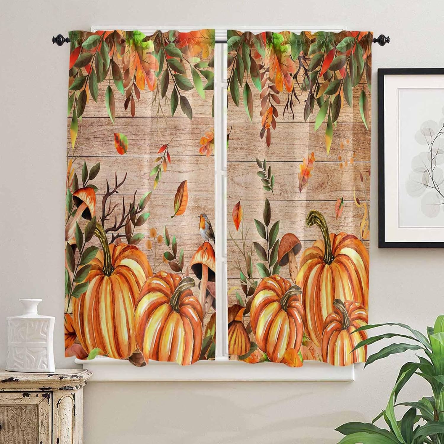 Orange Yellow Pumpkin Kitchen Curtains, Thanksgiving Botanical Wooden Leaves Fall Light Filter Window Curtain, 2Pcs Rod Pocket Window Treatments Set for Living Room Bathroom Bedroom 42x63 Inches