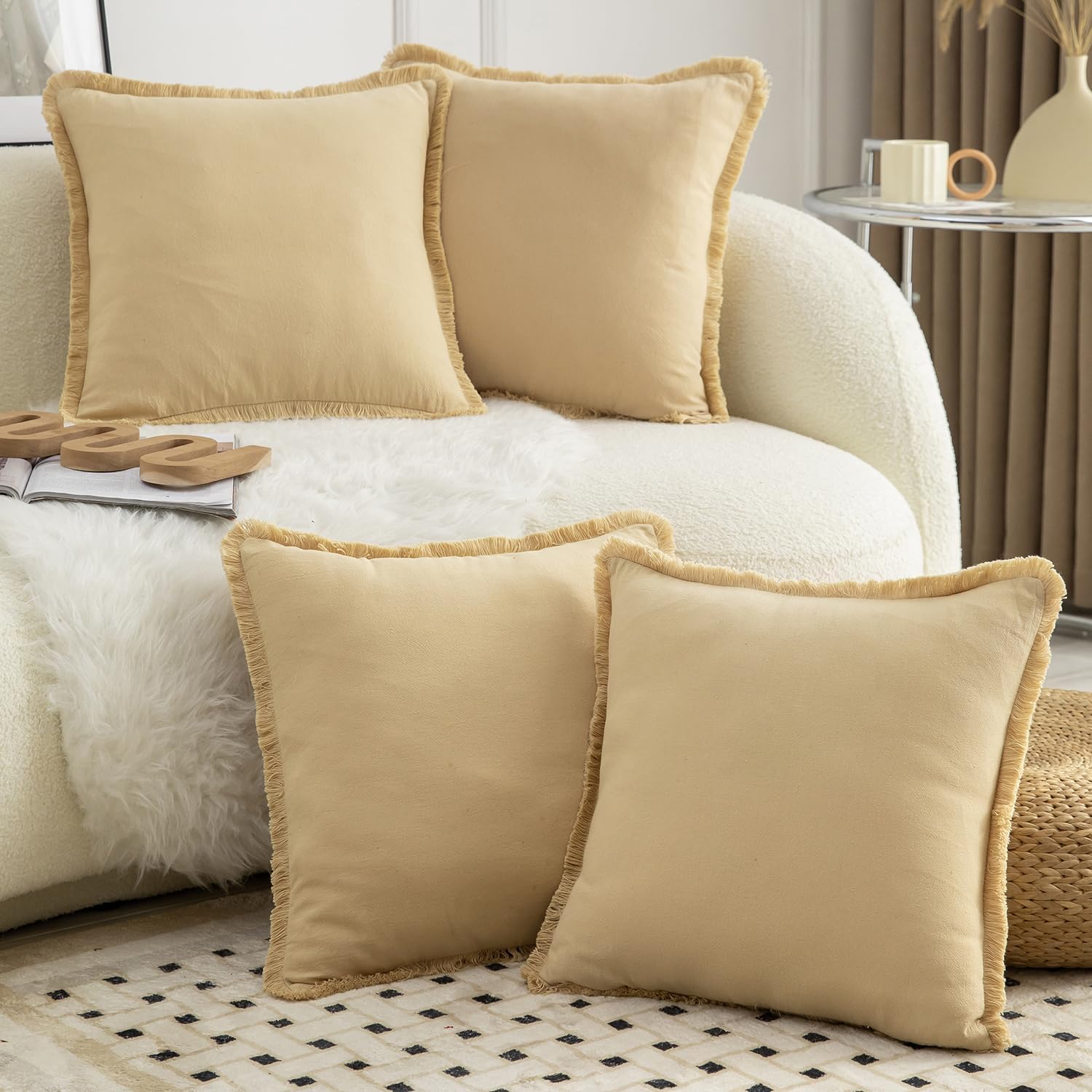 MANDIOO Set of 4 Neutral Cotton Fringe Decorative Throw Pillow Covers 20x20 Inch Boho Farmhouse Cushion Covers Cozy Tassels Pillowcase for Couch Sofa Bedroom Living Room Home Decor Khaki