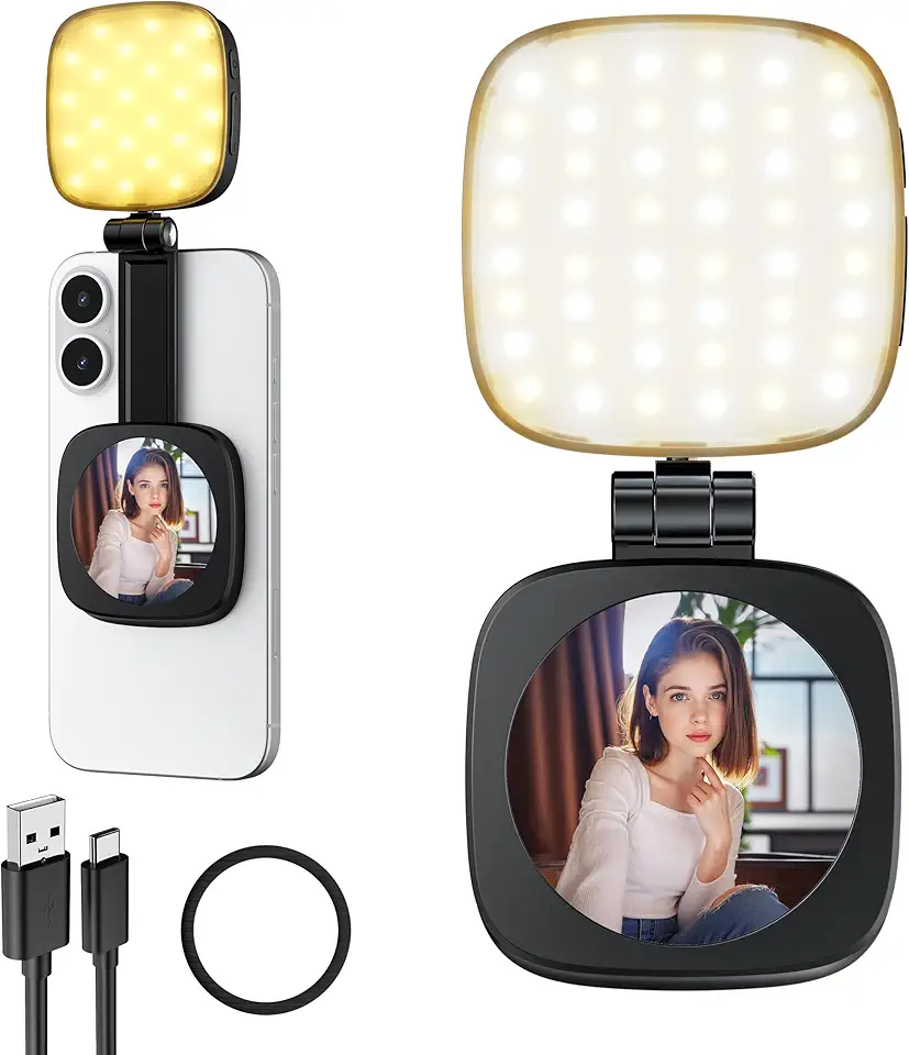 Luz magnética de selfie para telefone: 5 modos de LED com espelho compatível com iPhone e Android - Luz de preenchimento portátil recarregável para fotografia/gravação de vídeo/conferência