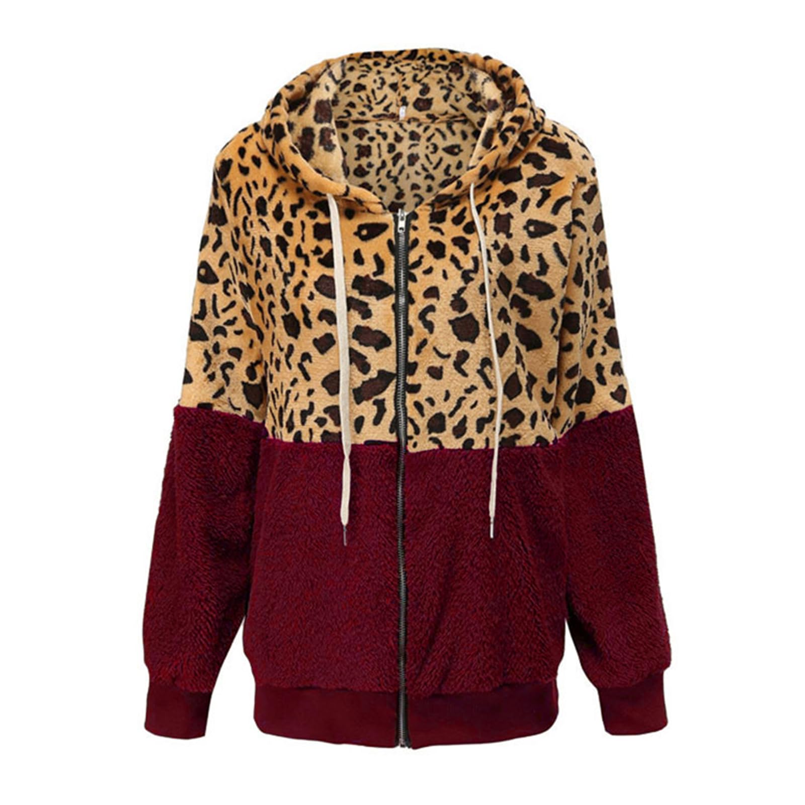 Damska flanelowa lampart nadruk patchworkowa bluza z kapturem, sztuczny polar z zamkiem błyskawicznym oversize kurtka Sherpa otwarty przód kardigan odzież wierzchnia