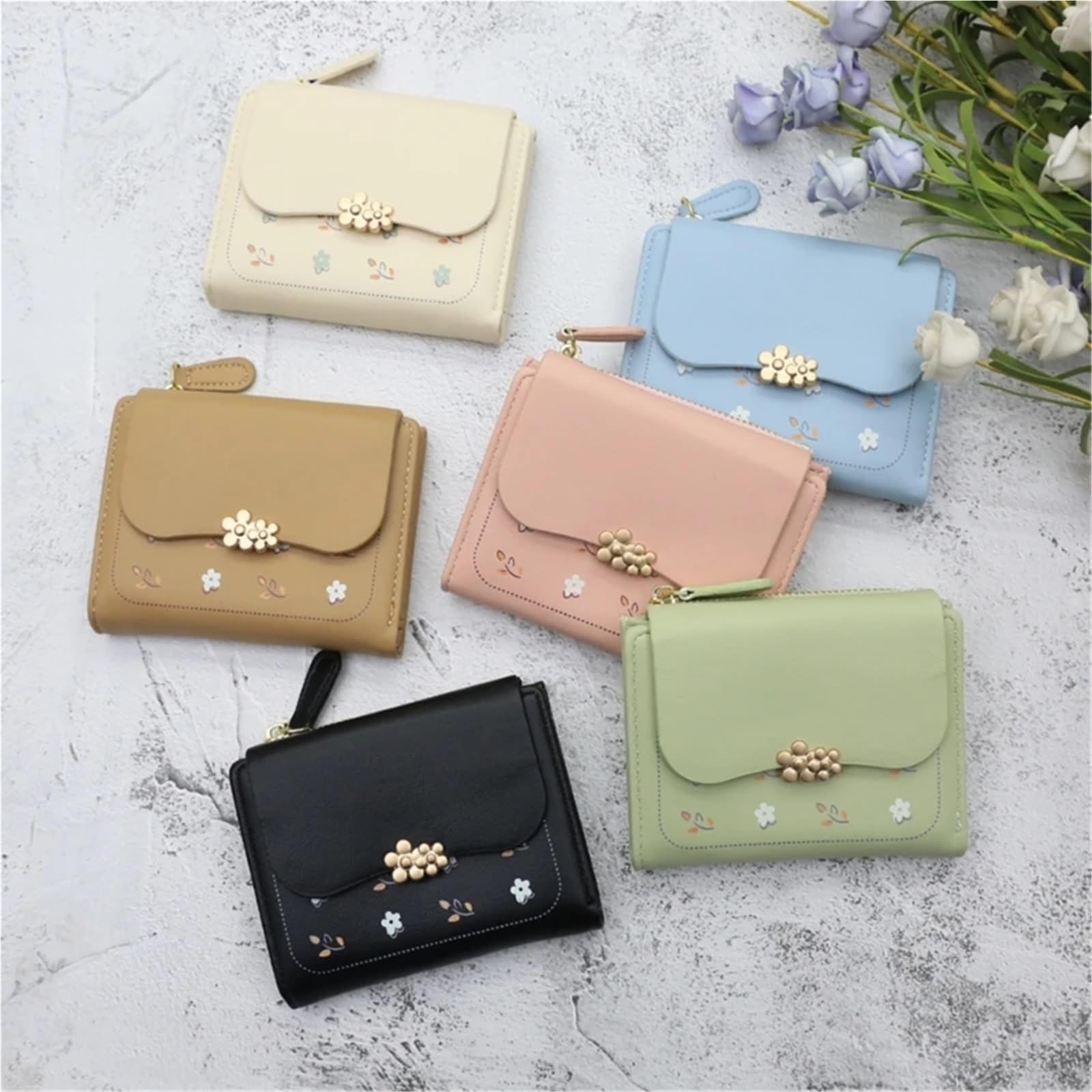 Monedero pequeño con Estampado Floral y Tarjetero de PU múltiples Compartimentos(White)