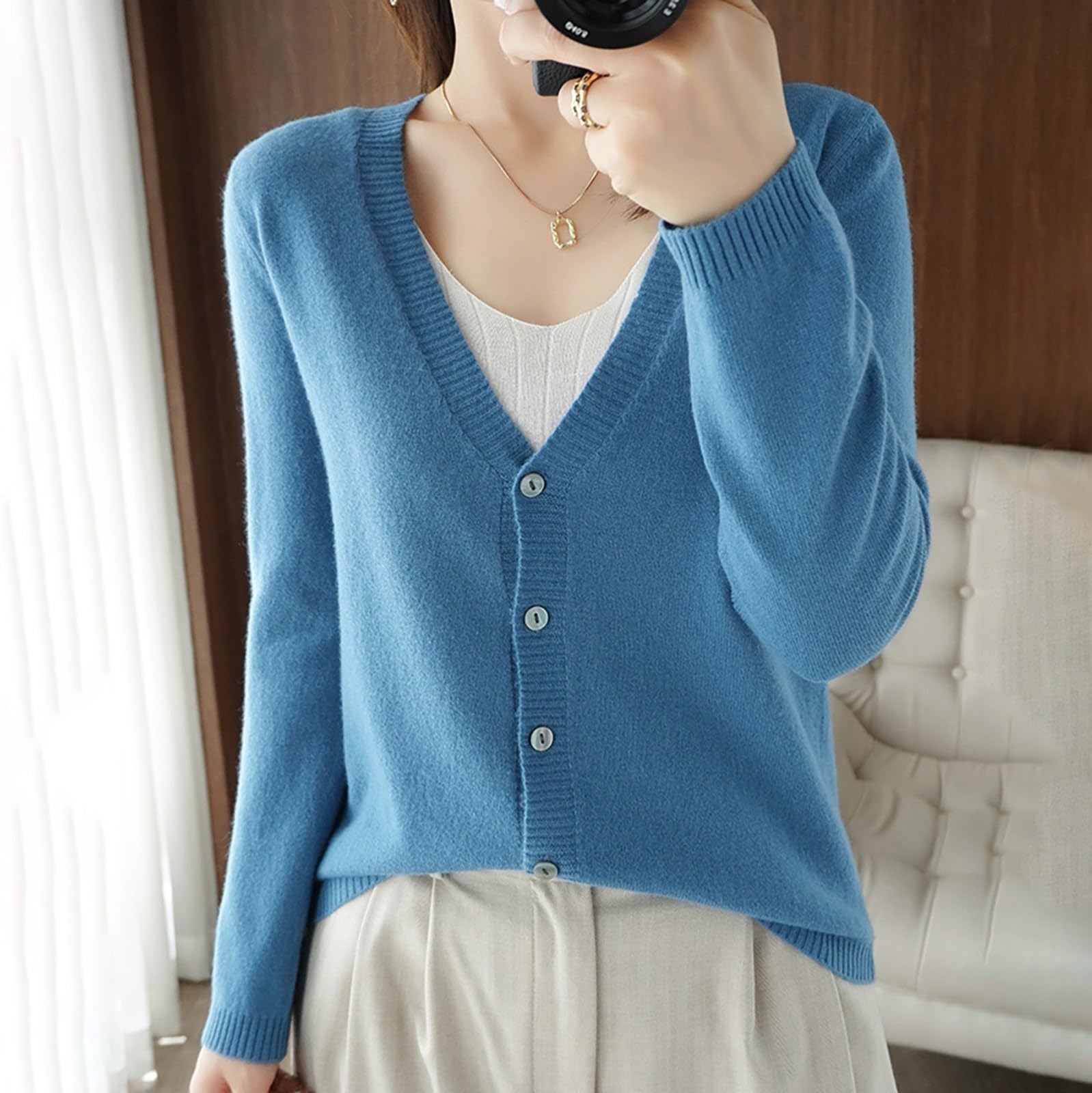Générique Cardigan tricoté à Manches Longues et col en V pour Femme, Manteau Doux, Ample, Couleur Unie, Loisirs, Printemps et Automne Gilets Gonflés pour Femmes