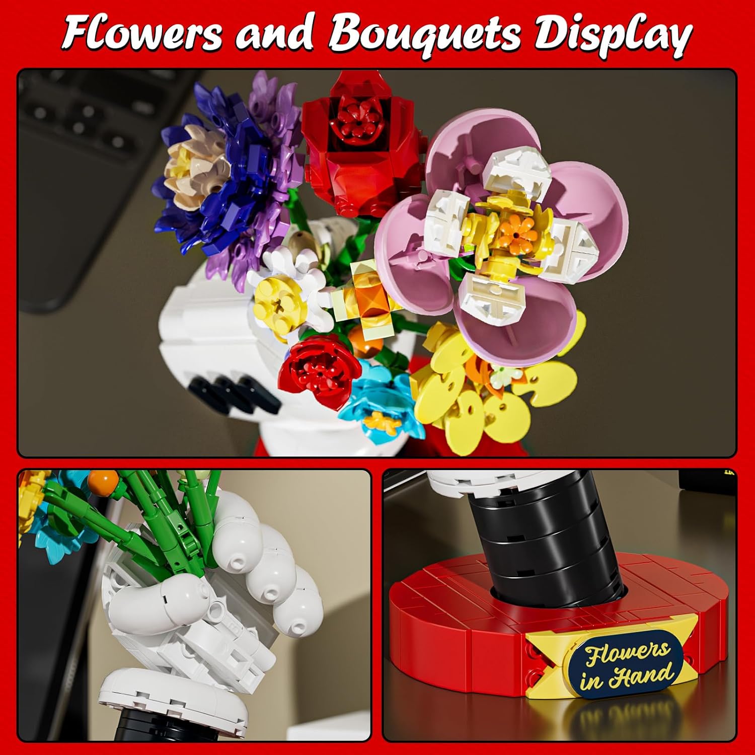 Flower Bouquet Building Set with Display Stand - Artificial Fake Plants Botanicals Flowers for Home Decor, for Boys Girls, Kids 6+ ＆ Valentines Day Gift for Adults