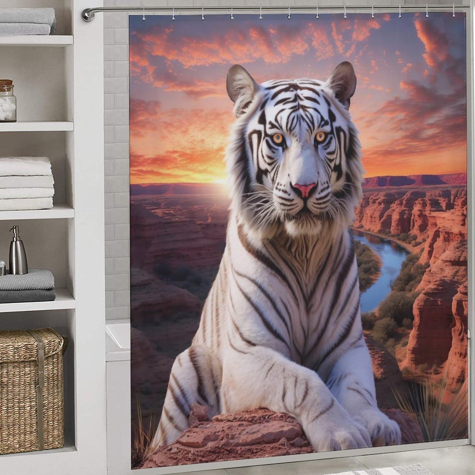Rideau de douche tigre en tissu polyester lavable 183x183 cm pour salle de bain avec crochets