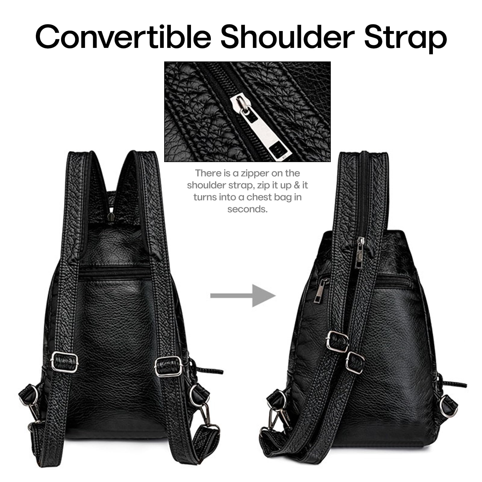 Petit sac à dos pour femme en cuir PU convertible pour Petit sac à dos étanche Sac à main voyage Sac à dos de randonnée avec plusieurs poches Compartiments spacieux (noir)