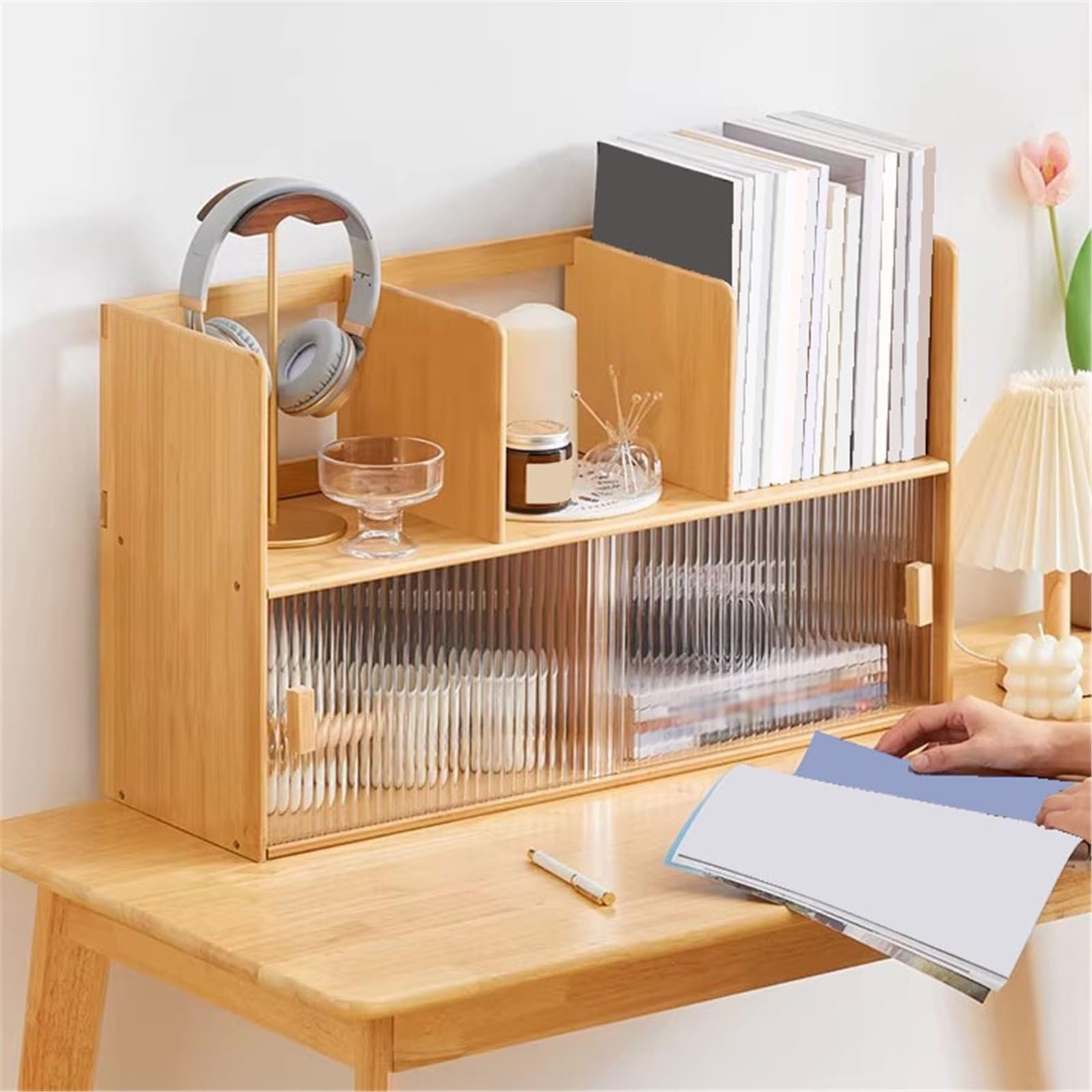Eckregale Bücherregal, Tisch-Minimalismus-Aufbewahrungseinheit aus Bambus mit Glasschiebetür for das Heimbüro Anzeigeeinheiten(Groß)