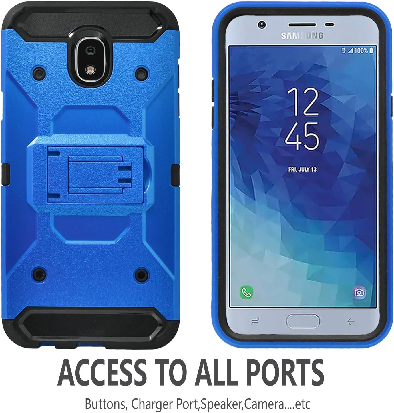 Starshop Galaxy J3 Orbit Case, J3 Star, Express Prime 3, J3 Achieve, J3 V 2018, Sol 3, Samsung Amp Prime 3, with [Tempered Glass Screen Protector Included] Full Cover Kickstand Cover W/Belt Clip-Blue