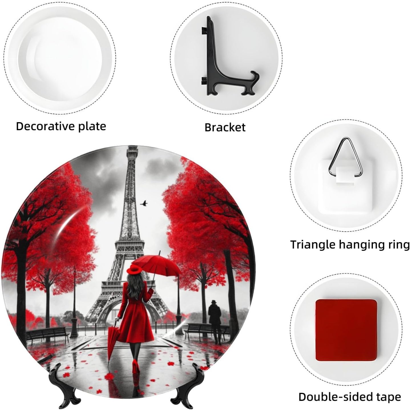 Eiffel-Tower-Romantic-Red 10 Inch Decorative Plate With Stand, Elegant Display Wall Plate For Home Decor