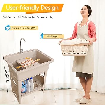 Portable Plastic Utility Sinks,Outdoor Garden Sink with Faucet,Freestanding Heavy-Duty Hand Wash Station,Laundry Tub with Washboard,for Washing Room,Garage,RV,Commercial,Industrial(Grey,68x58x80cm)