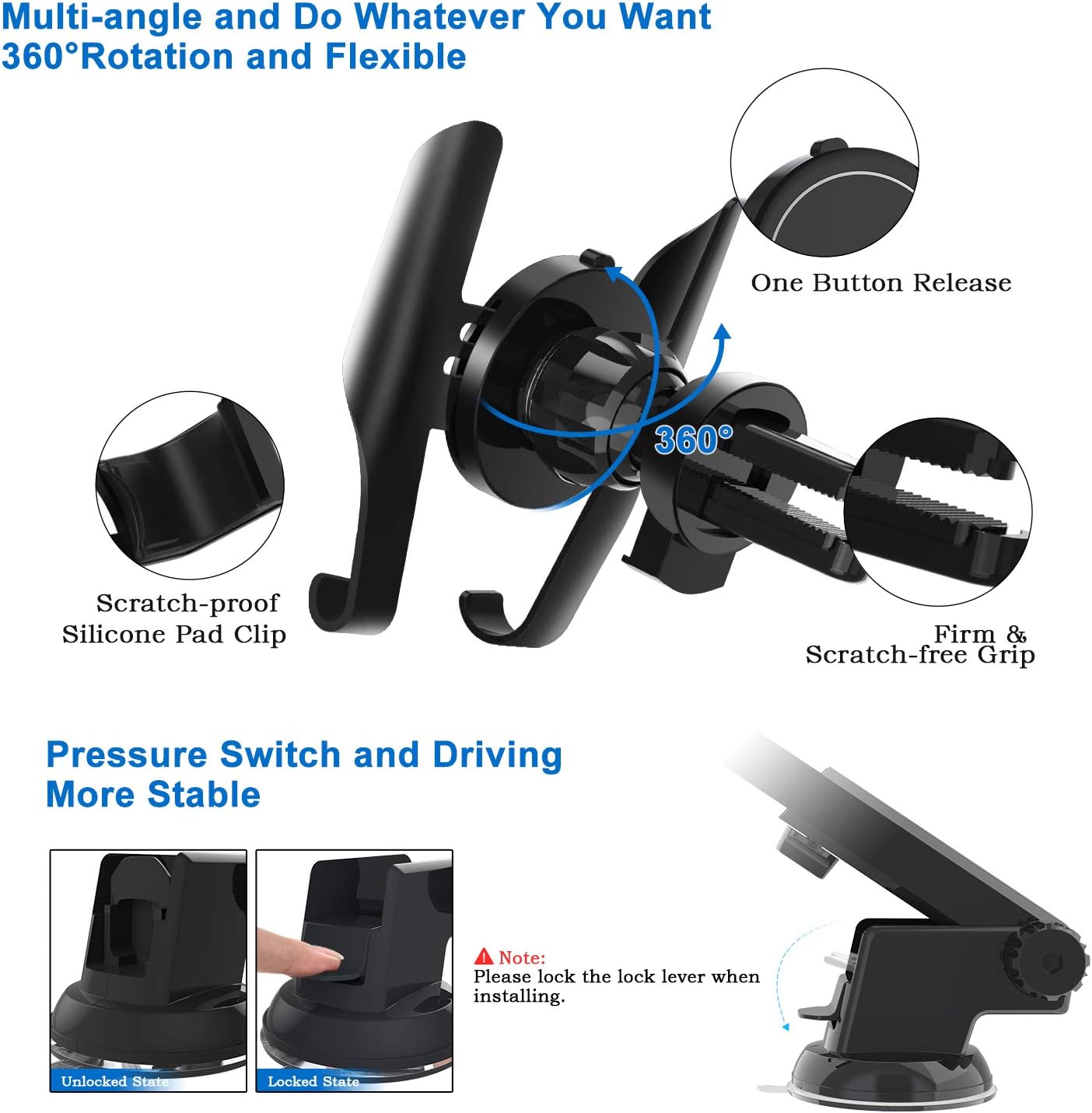 Car Phone Mount Dashboard Windshield Air Vent 3 in 1, iVoler Long Arm Car Phone Holder for Car Adjustable Strong Suction Cell Phone Car Mount for iPhone 11 Pro X XS Max XR Samsung Galaxy Note 10