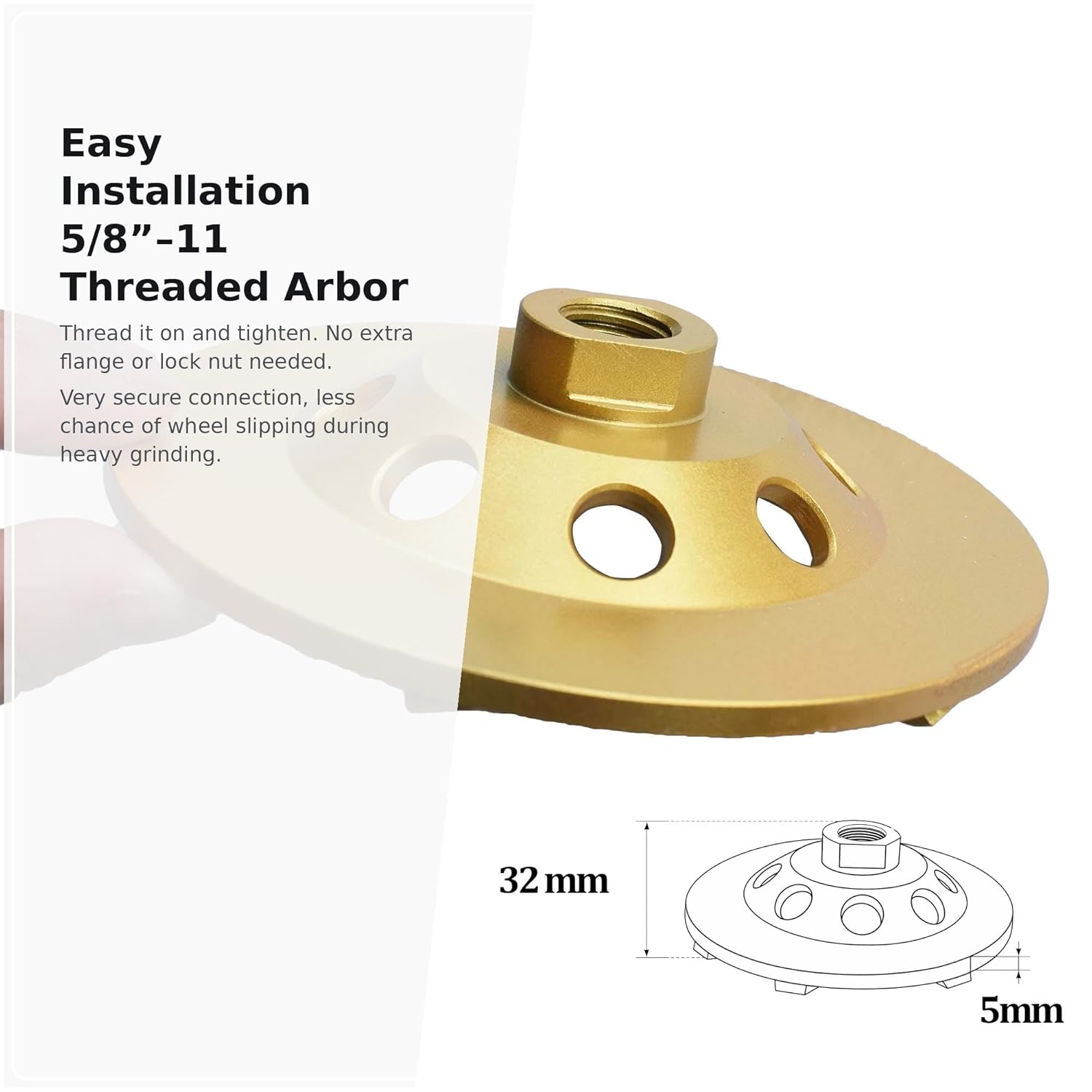 5 in. x 5/8-11 in. Threaded 6 PCS 1/4 Round Epoxy Removal PCD 5" PCD Cup Wheel, Concrete Coating Thinset Mortar Removing PCD Grinding Wheel (5/8"-11 Threaded)