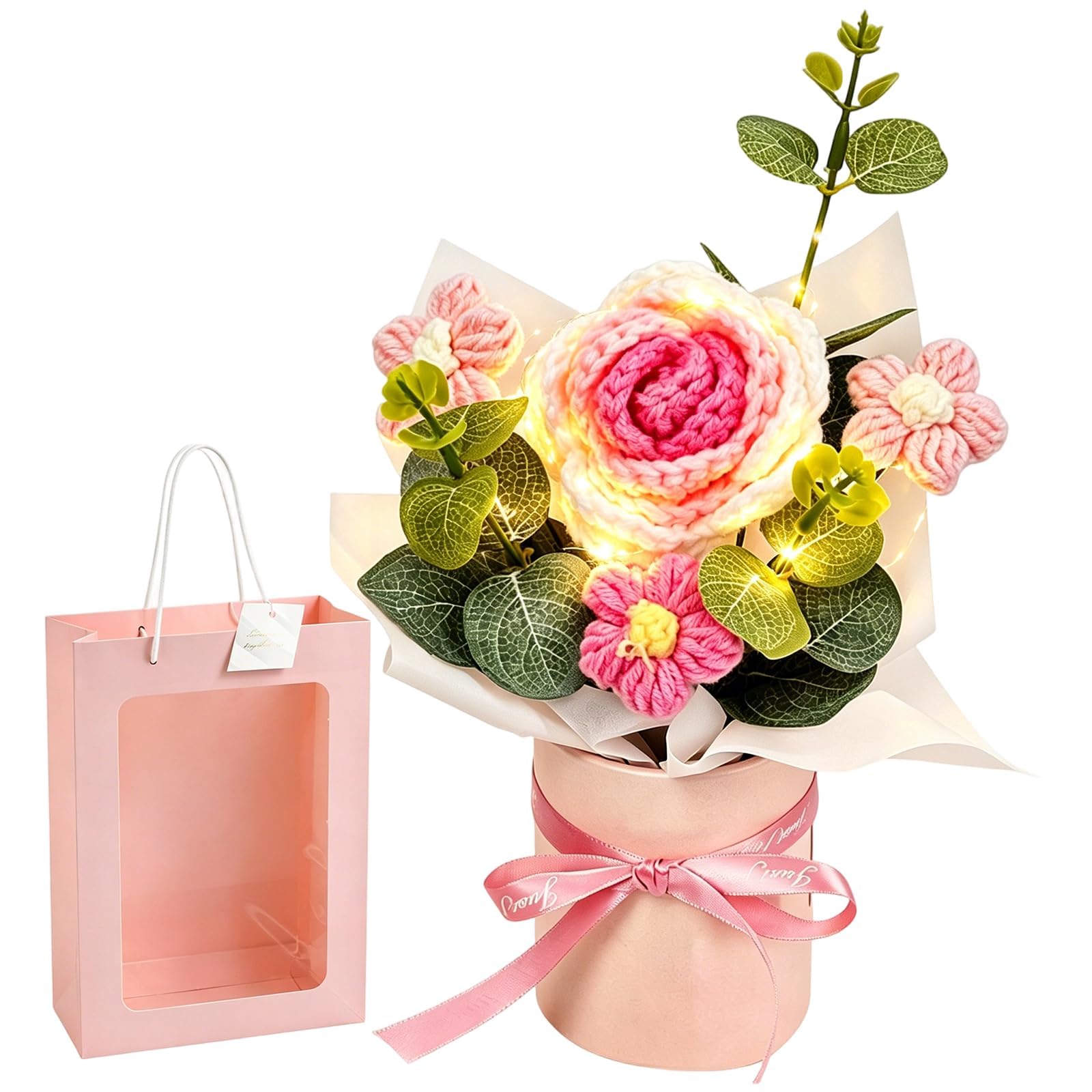 TUBAWD Handmade Crochet Flowers Bouquet Set with Card, Crochet Flower in White and Pink with Lights and Bag, Knitted Flowers Bouquet for Home Decor or Gift (B)