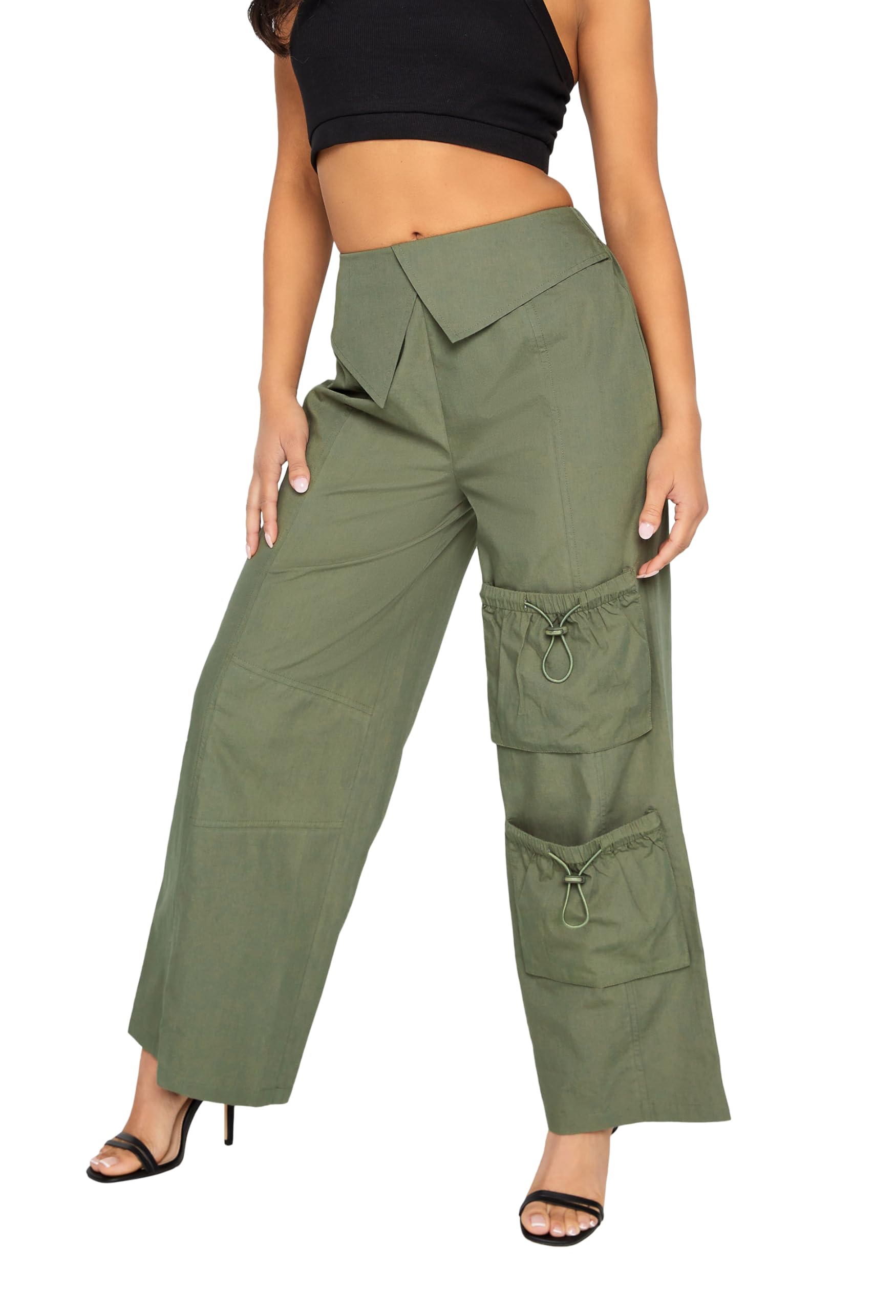 Pixiegirl Women's Green Petite Khaki Fold Over Waist Cotton Cargo Trousers Petite