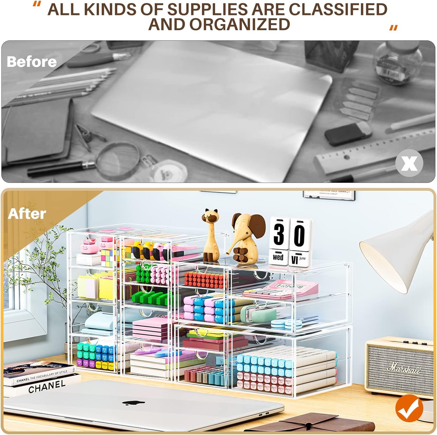 Archiviazione dell'organizzatore per trucco con 16 cassetti, forniture per ufficio desktop da 4 pezzi, organizzatori della scrivania, accessori per scrivania chiari per trucco, gioielli, penna ecc.