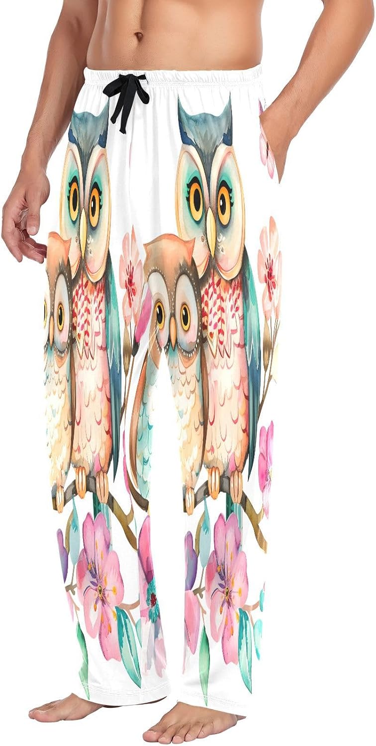 ALAZA Cute Owl Flowers Men's Pajama Pants Men Cotton Pajama Bottoms with Pockets, S