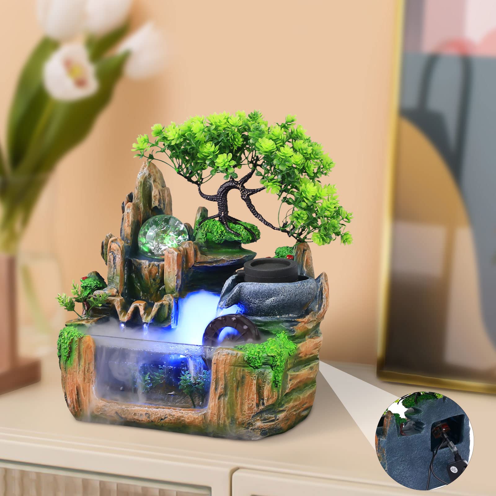 Zimmerbrunnen Wasserfall Tischbrunnen mit Beleuchtung, Kunstharz, Wasserpumpe, Desktop Dekoration, Indoor Fountain Zimmerspringbrunnen