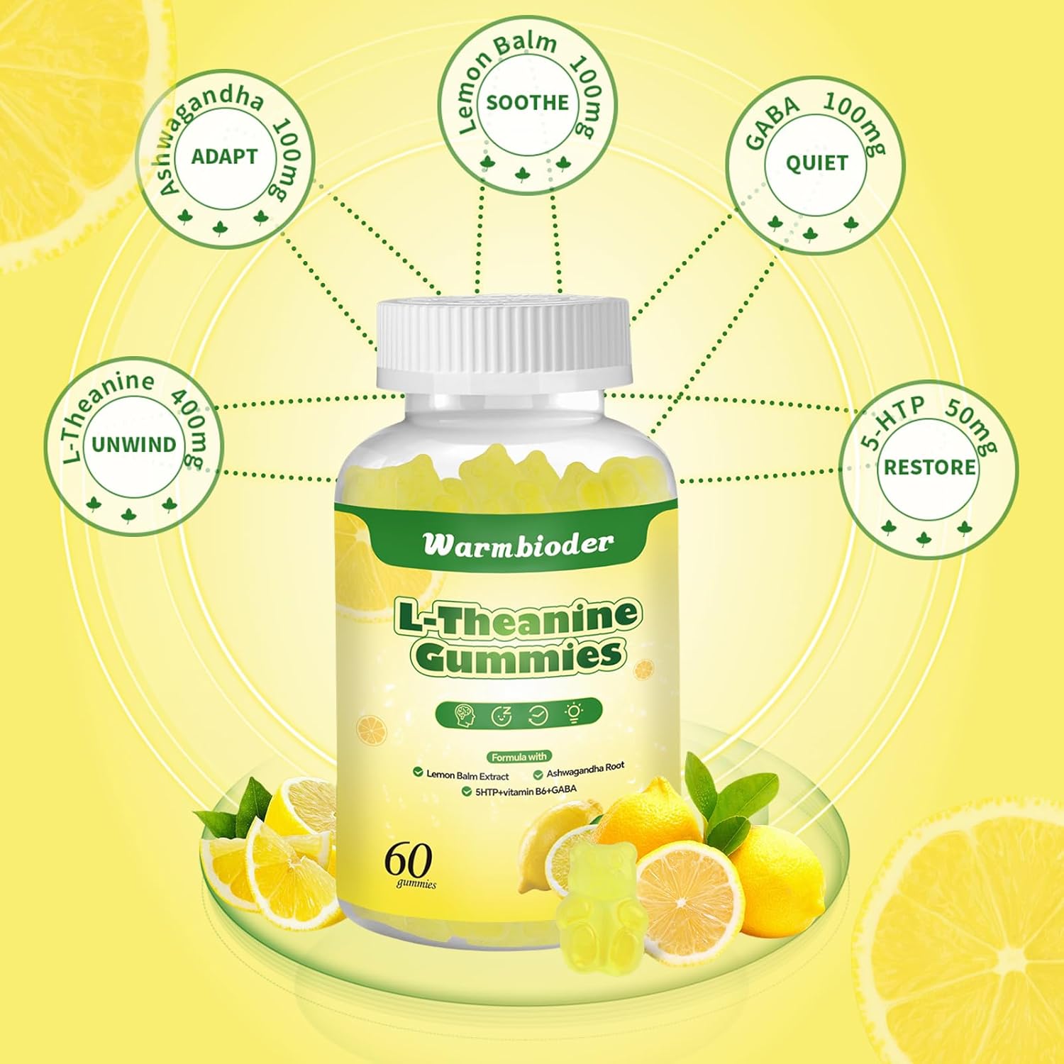 L-Theanine Gummies for Kids & Adults, l'theanine 400mg with Ashwagandha, GABA, 5HTP,L-Theanine Chewable Supplement for Relax, Zzz & Focus Support,Lemon Flavor - Image 3